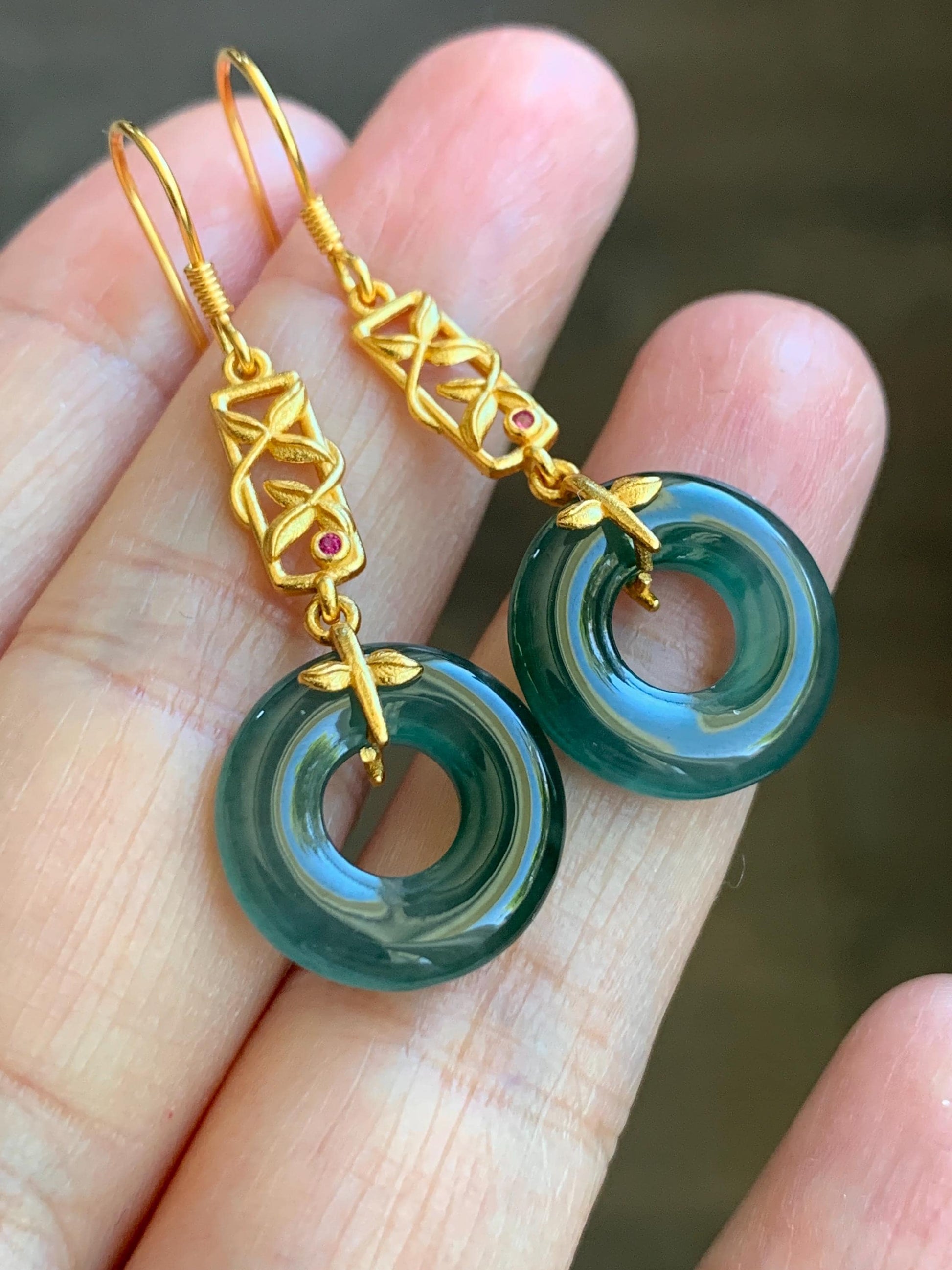 Natural Grade A Guatemalan Icy Translucent Teal Green Jade Jadeite Ping An Kou Donut Dangle Earrings Sterling Silver 天然冰危深蓝绿翡翠平安扣耳钩 ZJK138