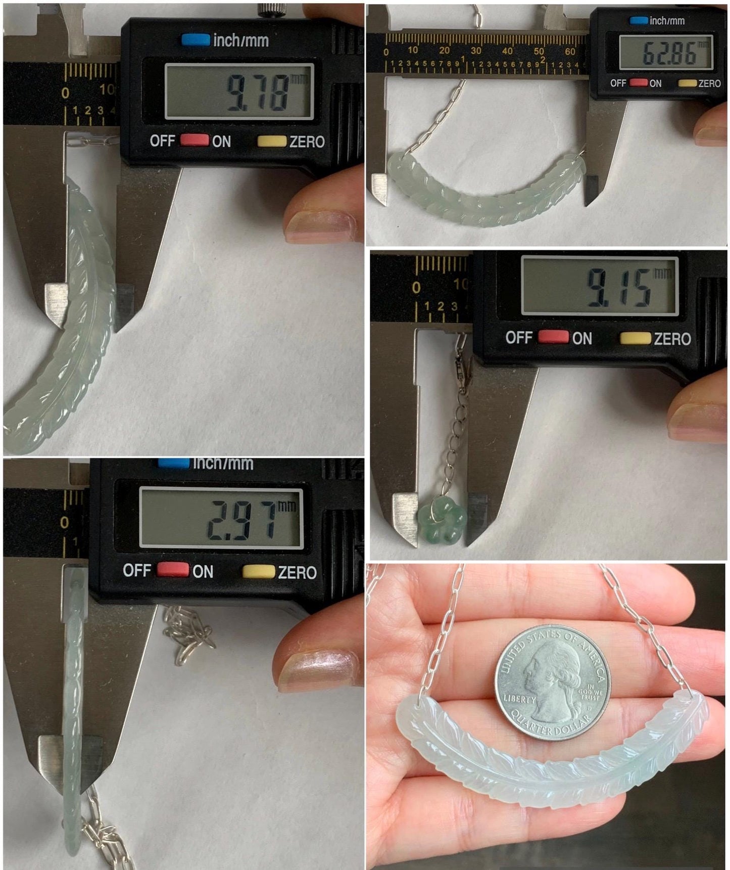 Natural Grade A Icy Highly Translucent Jade Jadeite Crescent Feather Pendant 999 Sterling Silver Necklace 19" 8g 天然冰胶晴底翡翠羽毛玉横足银项链 MBY250
