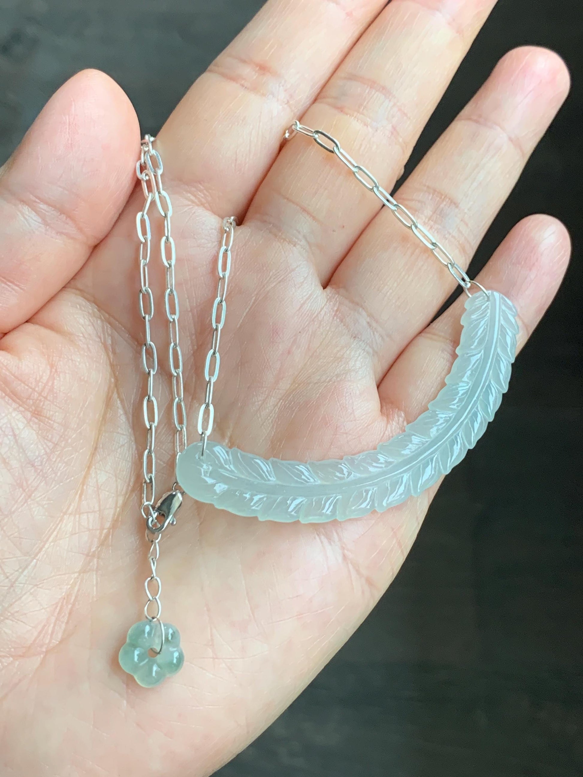 Natural Grade A Icy Highly Translucent Jade Jadeite Crescent Feather Pendant 999 Sterling Silver Necklace 19" 8g 天然冰胶晴底翡翠羽毛玉横足银项链 MBY250