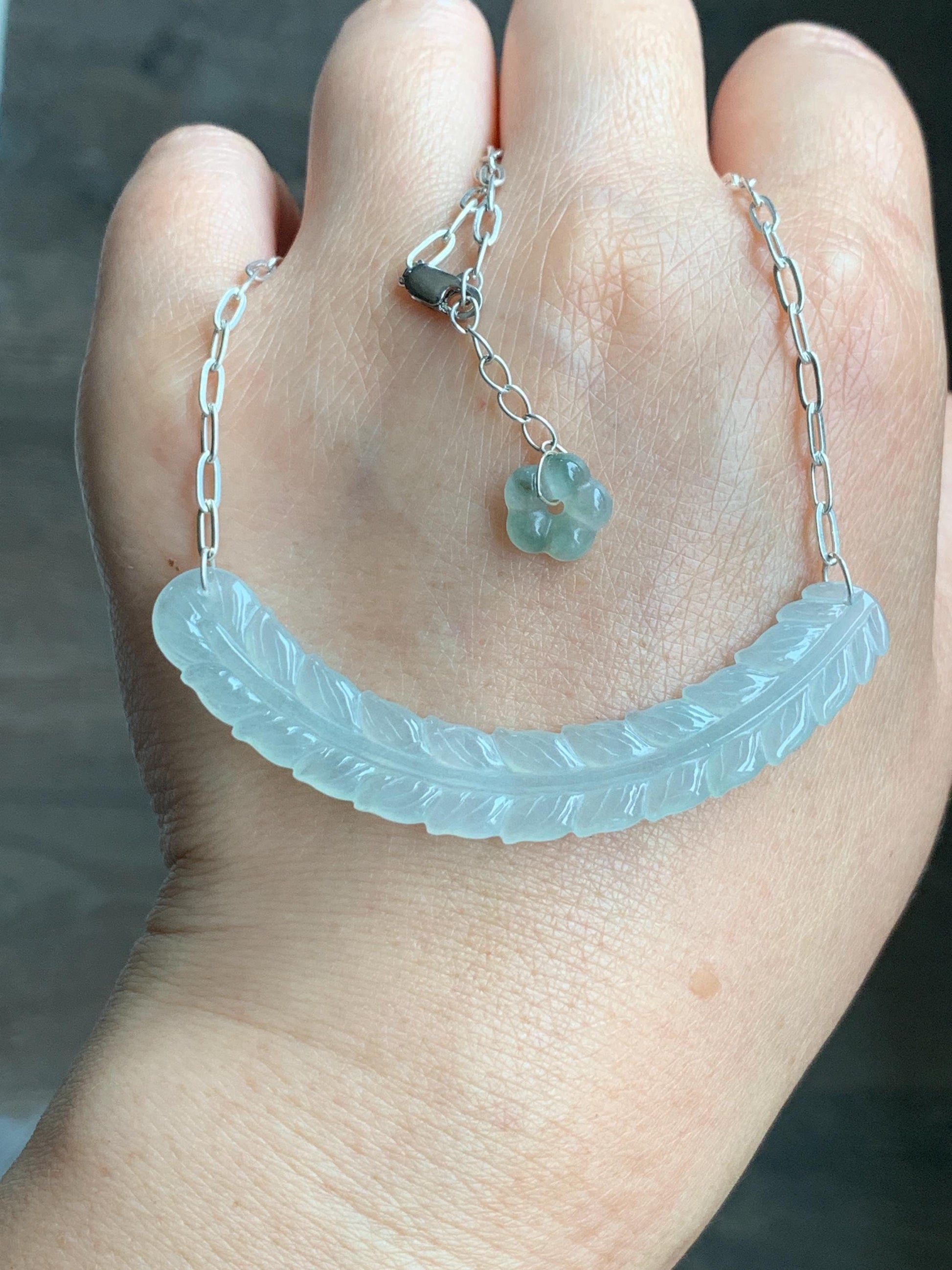Natural Grade A Icy Highly Translucent Jade Jadeite Crescent Feather Pendant 999 Sterling Silver Necklace 19" 8g 天然冰胶晴底翡翠羽毛玉横足银项链 MBY250