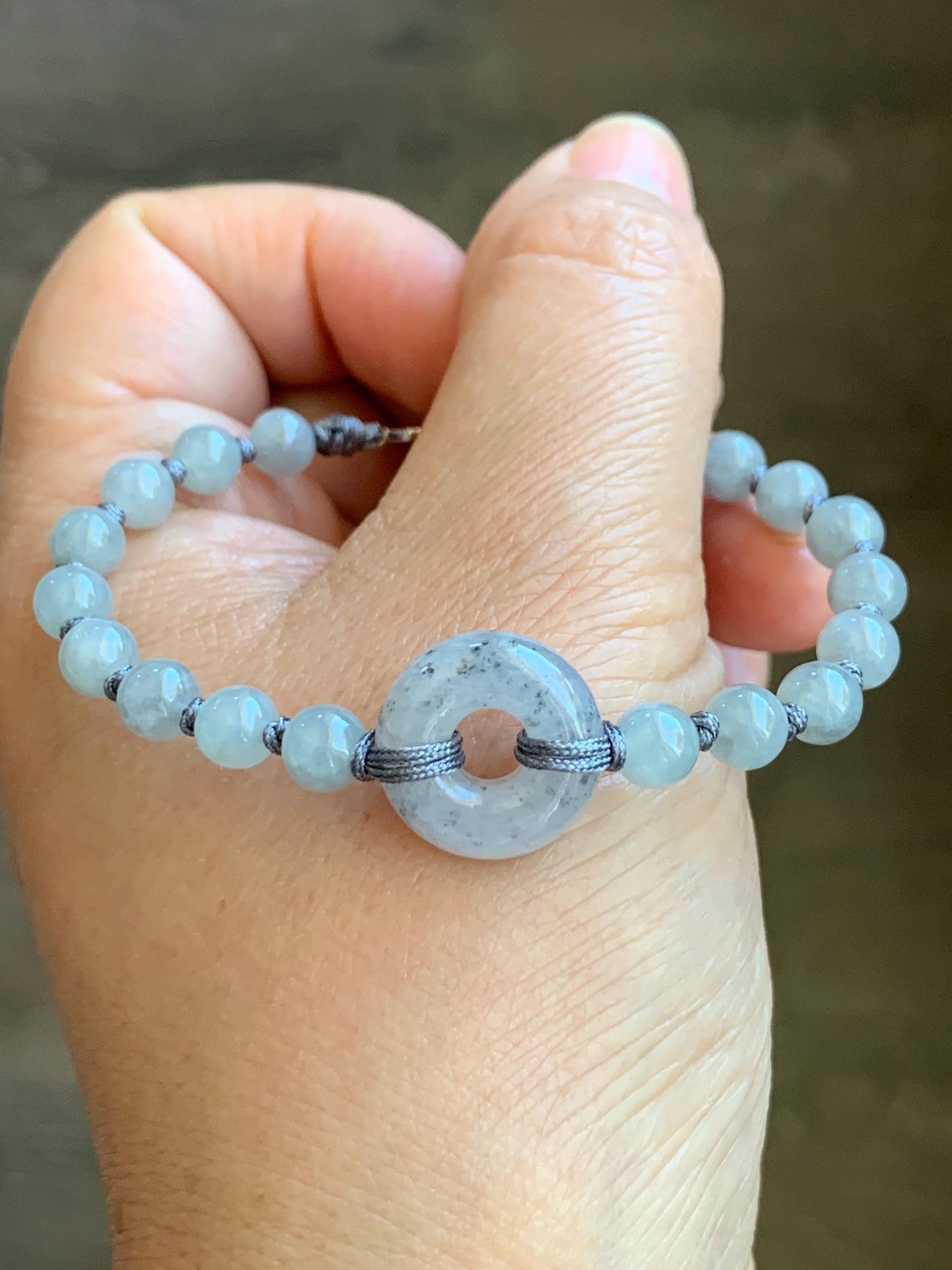 Natural Grade A Icy Translucent Gelatinous Wuji Jadeite Ping An Kou Donut Beaded Bracelet Sterling Silver 7” 6mm 10g 天然冰乌鸡翡翠平安扣珠串手串 WJK129