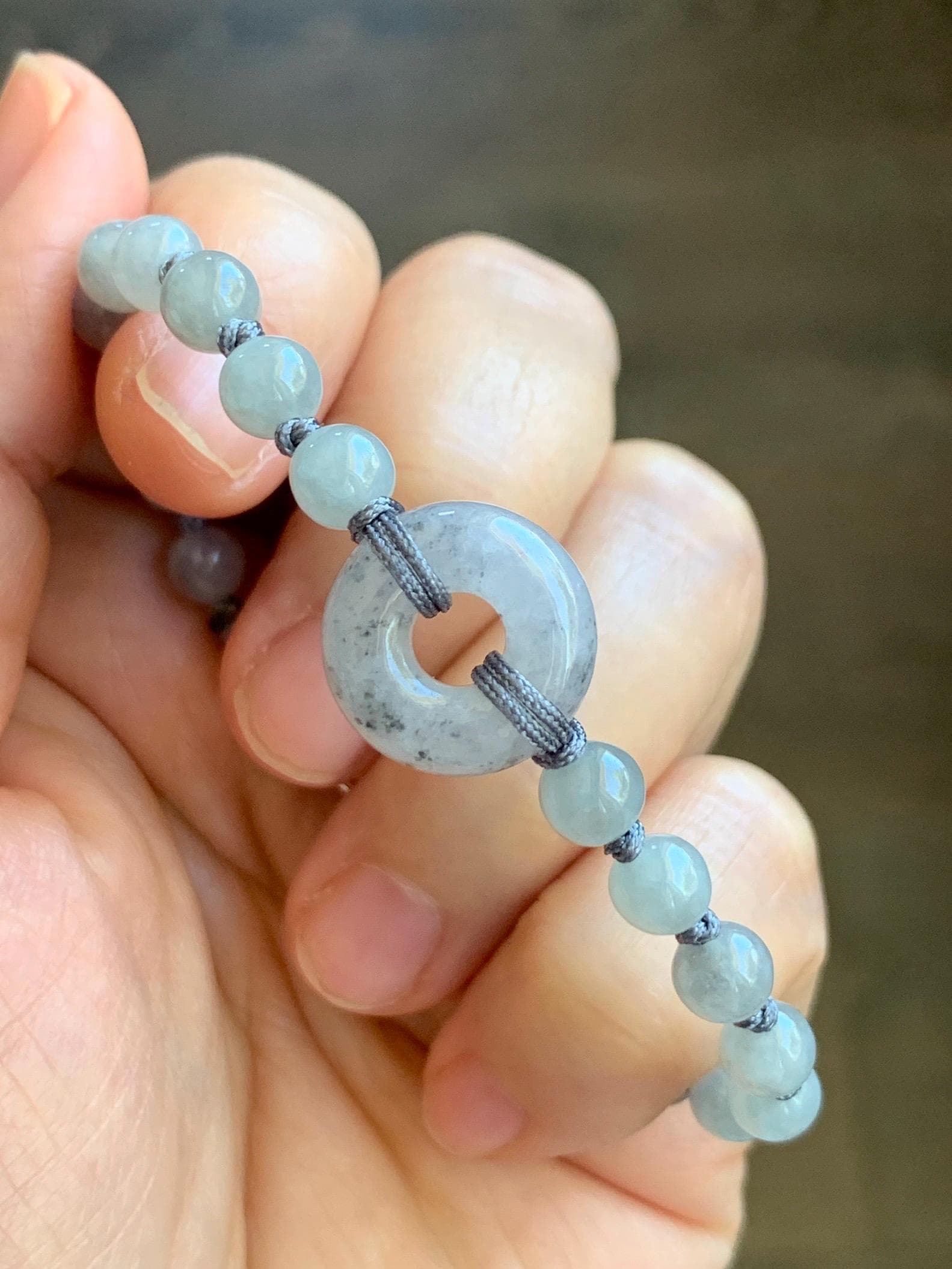 Natural Grade A Icy Translucent Gelatinous Wuji Jadeite Ping An Kou Donut Beaded Bracelet Sterling Silver 7” 6mm 10g 天然冰乌鸡翡翠平安扣珠串手串 WJK129