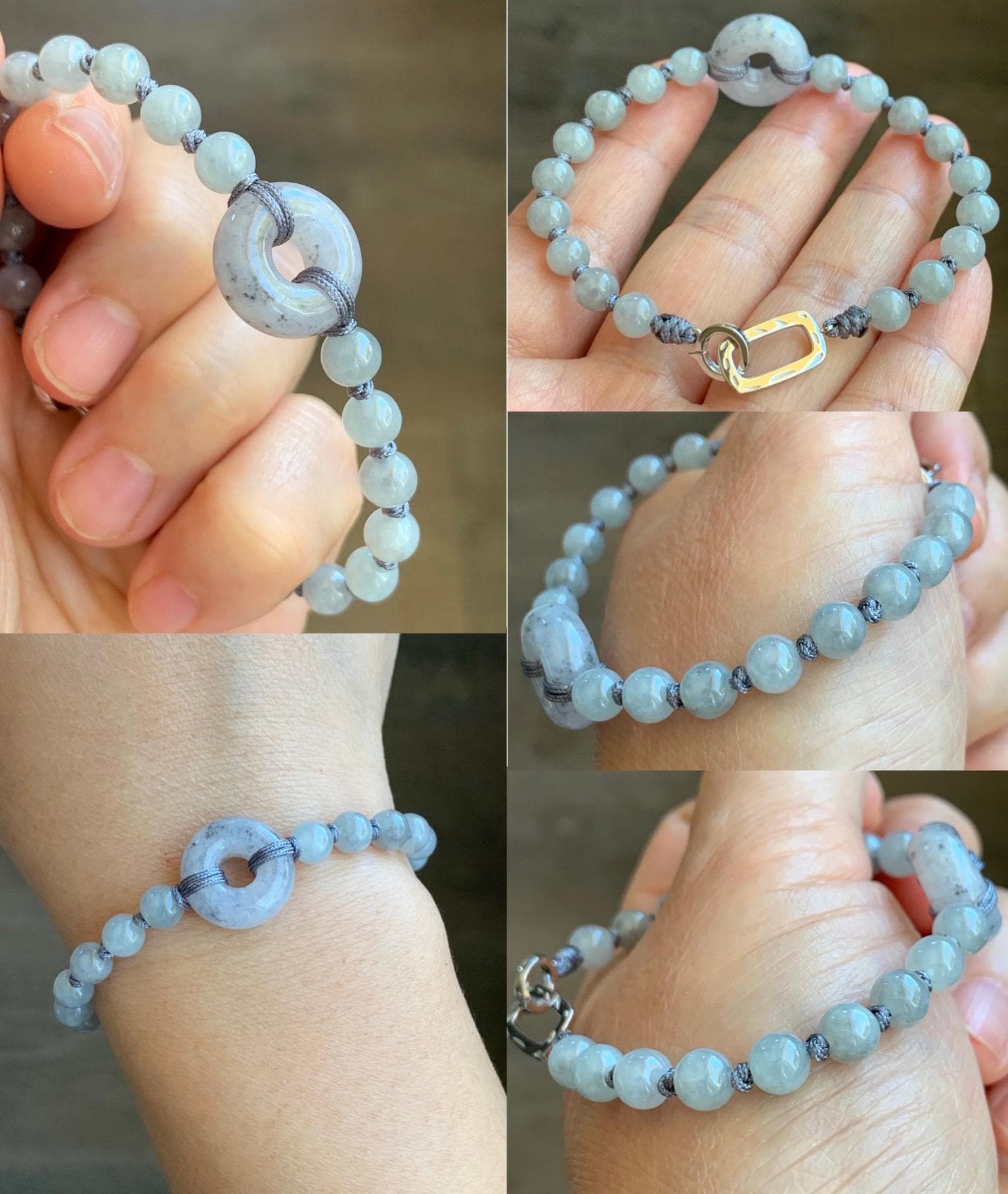 Natural Grade A Icy Translucent Gelatinous Wuji Jadeite Ping An Kou Donut Beaded Bracelet Sterling Silver 7” 6mm 10g 天然冰乌鸡翡翠平安扣珠串手串 WJK129