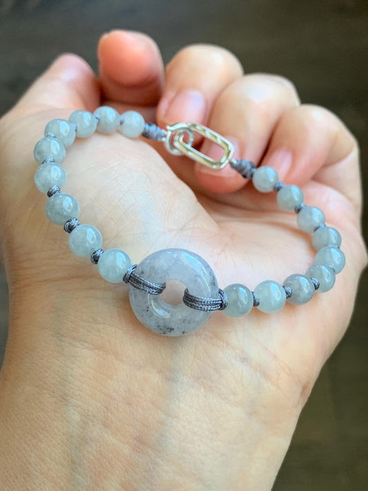 Natural Grade A Icy Translucent Gelatinous Wuji Jadeite Ping An Kou Donut Beaded Bracelet Sterling Silver 7” 6mm 10g 天然冰乌鸡翡翠平安扣珠串手串 WJK129