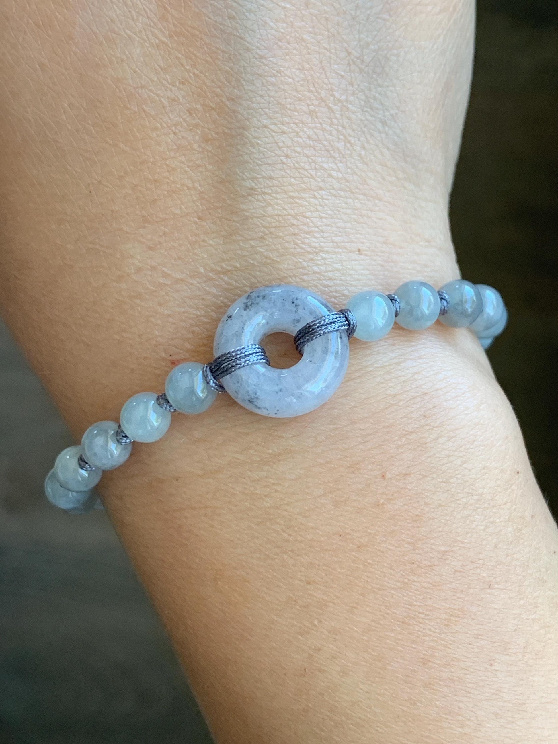 Natural Grade A Icy Translucent Gelatinous Wuji Jadeite Ping An Kou Donut Beaded Bracelet Sterling Silver 7” 6mm 10g 天然冰乌鸡翡翠平安扣珠串手串 WJK129