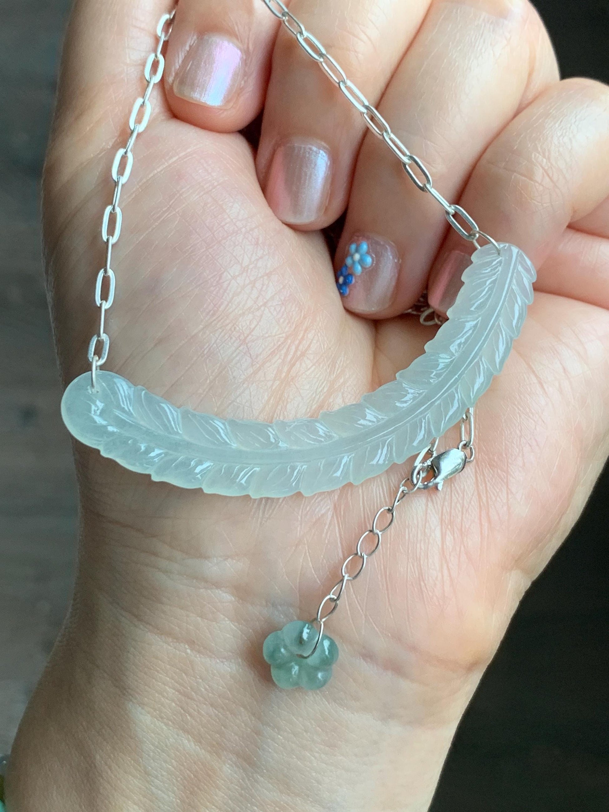 Natural Grade A Icy Highly Translucent Jade Jadeite Crescent Feather Pendant 999 Sterling Silver Necklace 19" 8g 天然冰胶晴底翡翠羽毛玉横足银项链 MBY250