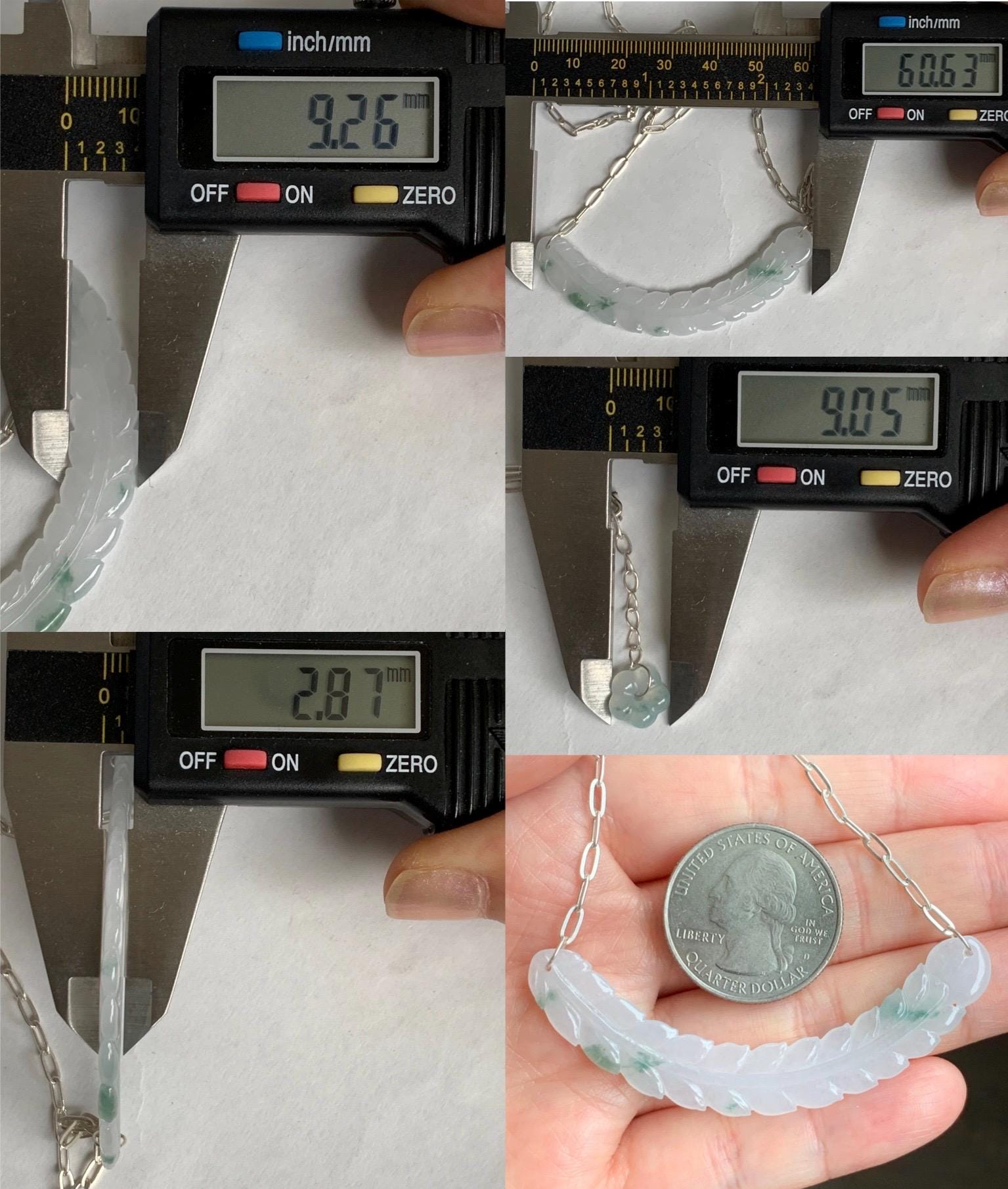 Natural Grade A Icy Highly Translucent Green Marbled Jadeite Crescent Feather Pendant 999 Sterling Silver Necklace 天然冰胶飘花翡翠羽毛玉横足银项链 MPH335