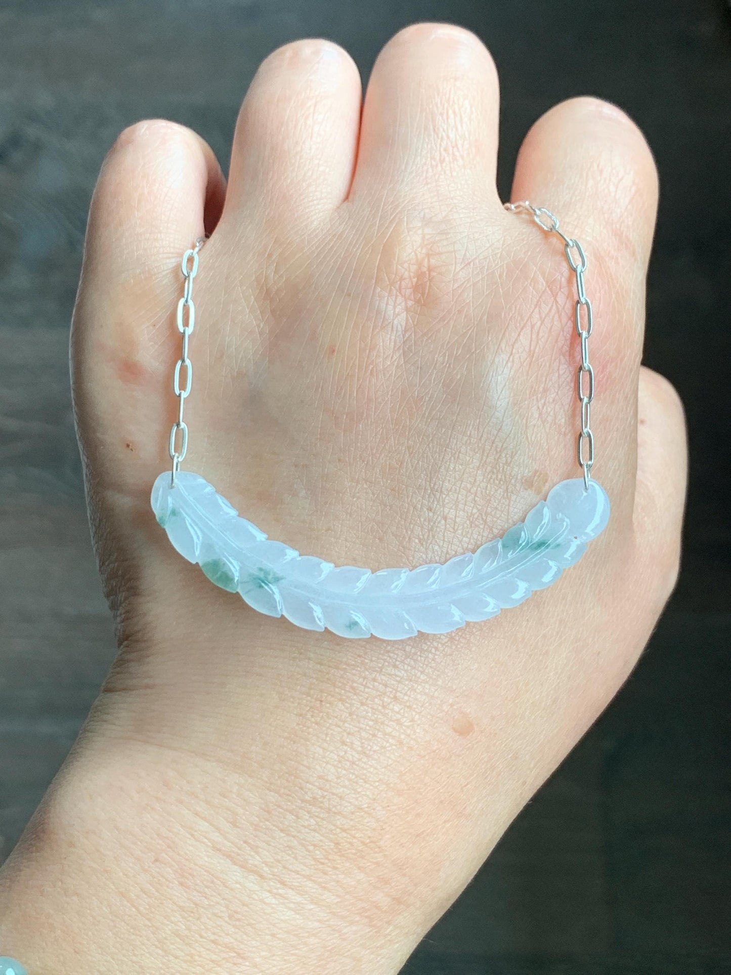 Natural Grade A Icy Highly Translucent Green Marbled Jadeite Crescent Feather Pendant 999 Sterling Silver Necklace 天然冰胶飘花翡翠羽毛玉横足银项链 MPH335
