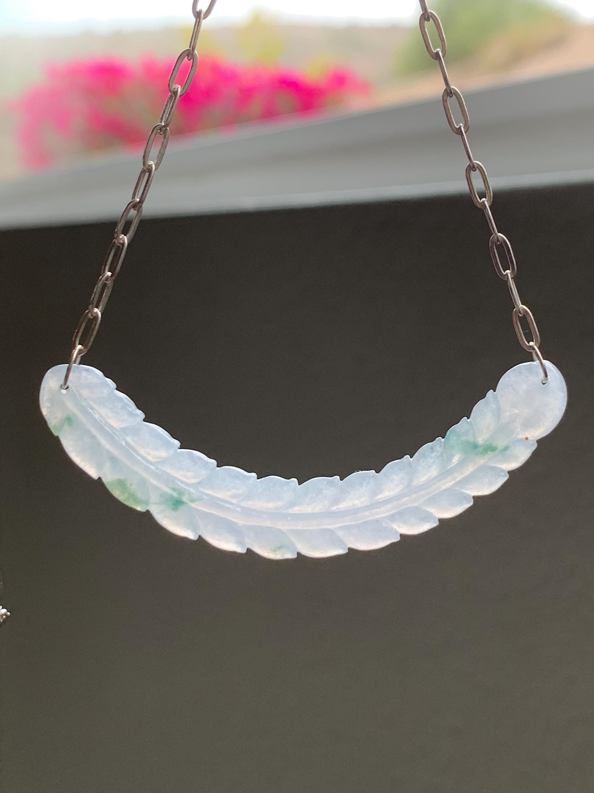 Natural Grade A Icy Highly Translucent Green Marbled Jadeite Crescent Feather Pendant 999 Sterling Silver Necklace 天然冰胶飘花翡翠羽毛玉横足银项链 MPH335