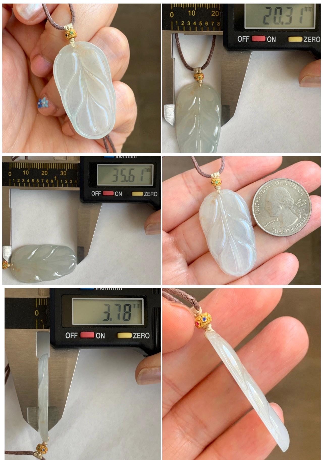Natural Grade A Icy Highly Translucent Light Beige Golden Marbled Jadeite Leaf Pendant Rope Necklace 24" Adjustable 天然冰糖撒金翡翠大叶有成吊坠项链 MBT-S