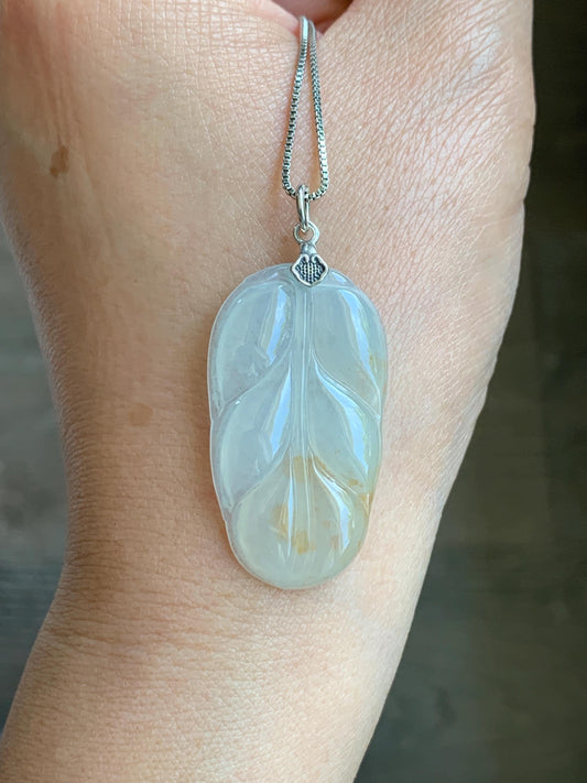 Natural Grade A Icy Highly Translucent Light Beige Golden Marbled Jade Jadeite Leaf Pendant Sterling Silver 6g 天然冰糖撒金翡翠大叶有成吊坠 MBT-Y