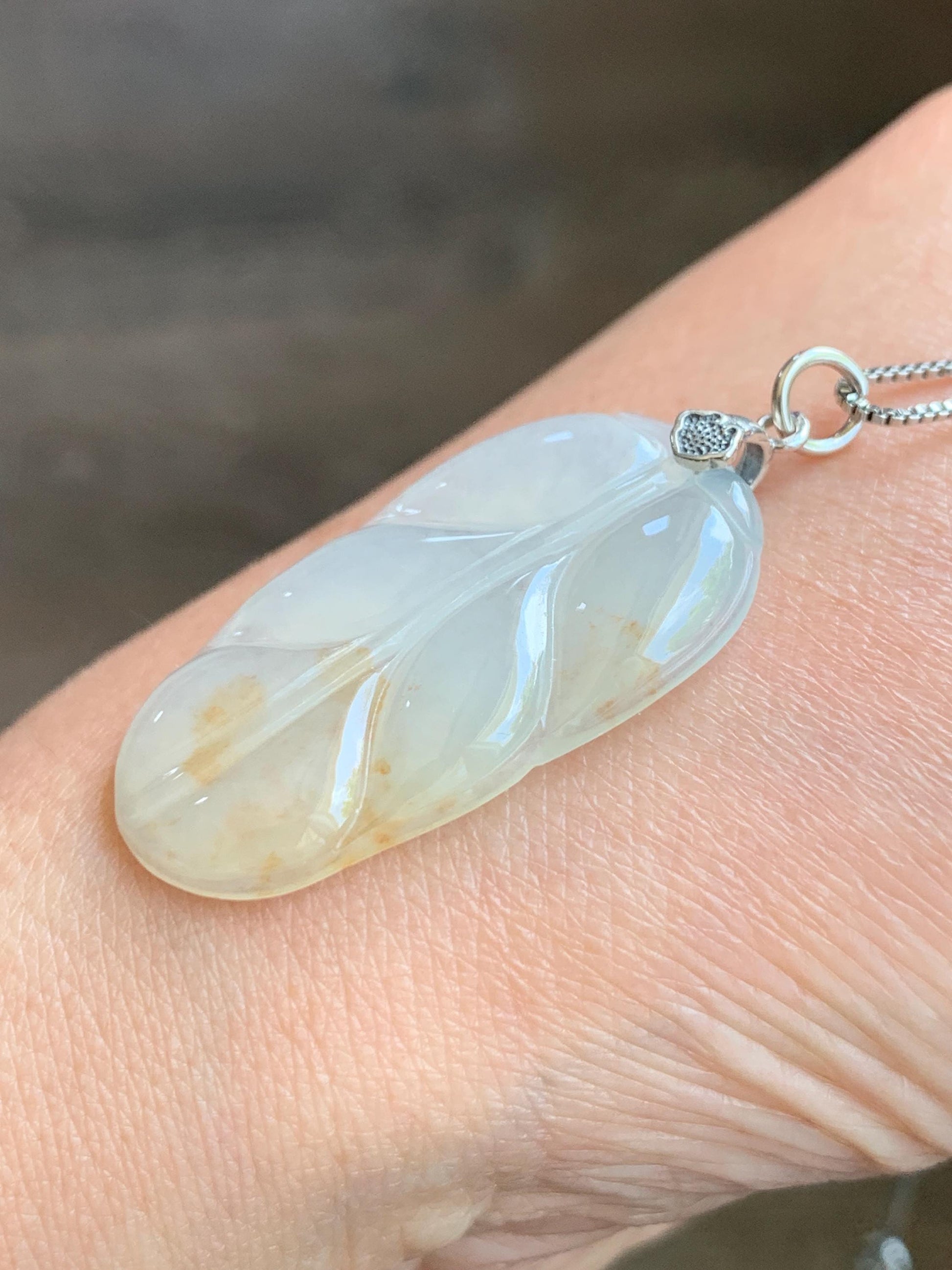 Natural Grade A Icy Highly Translucent Light Beige Golden Marbled Jade Jadeite Leaf Pendant Sterling Silver 6g 天然冰糖撒金翡翠大叶有成吊坠 MBT-Y