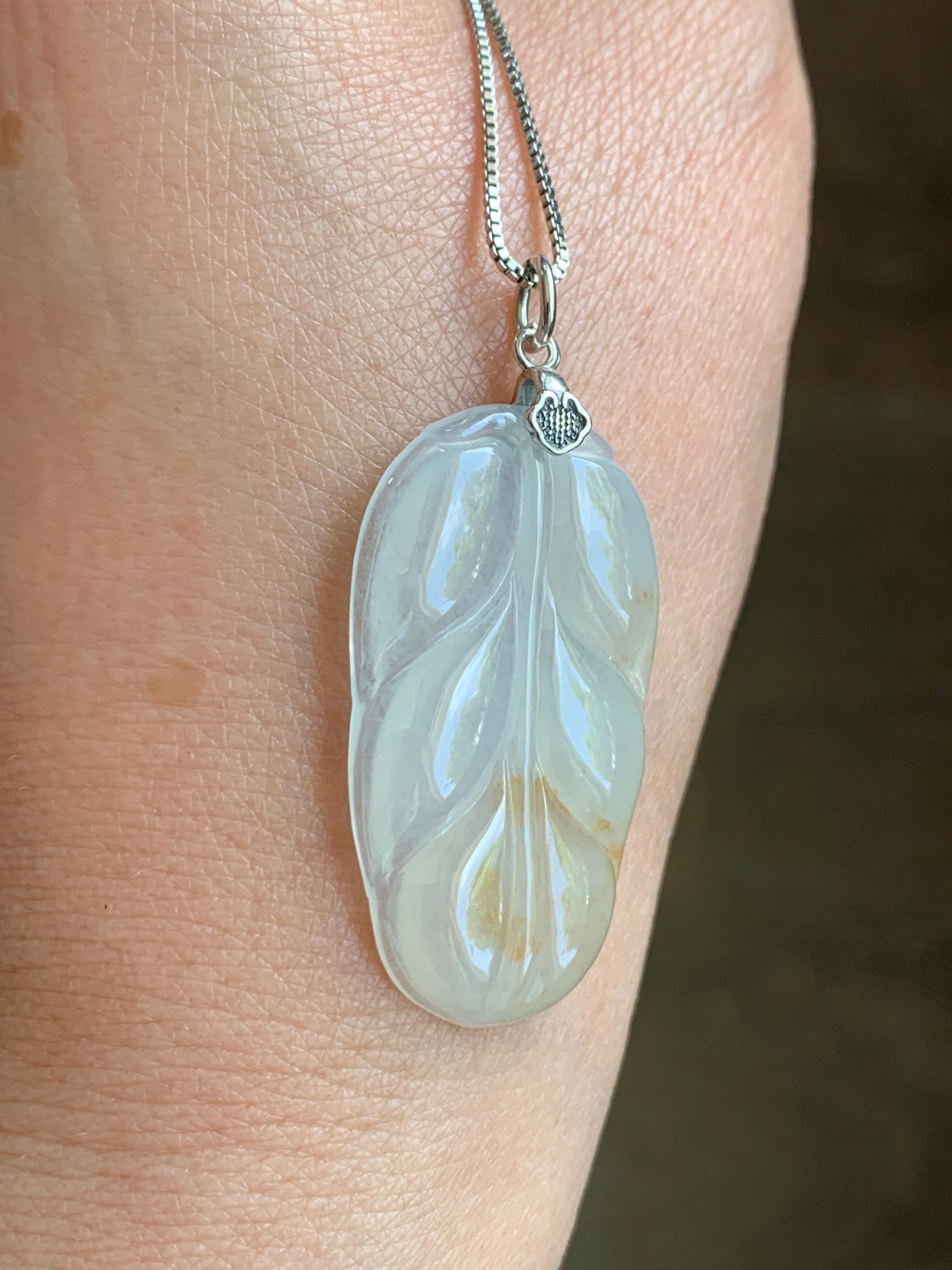 Natural Grade A Icy Highly Translucent Light Beige Golden Marbled Jade Jadeite Leaf Pendant Sterling Silver 6g 天然冰糖撒金翡翠大叶有成吊坠 MBT-Y