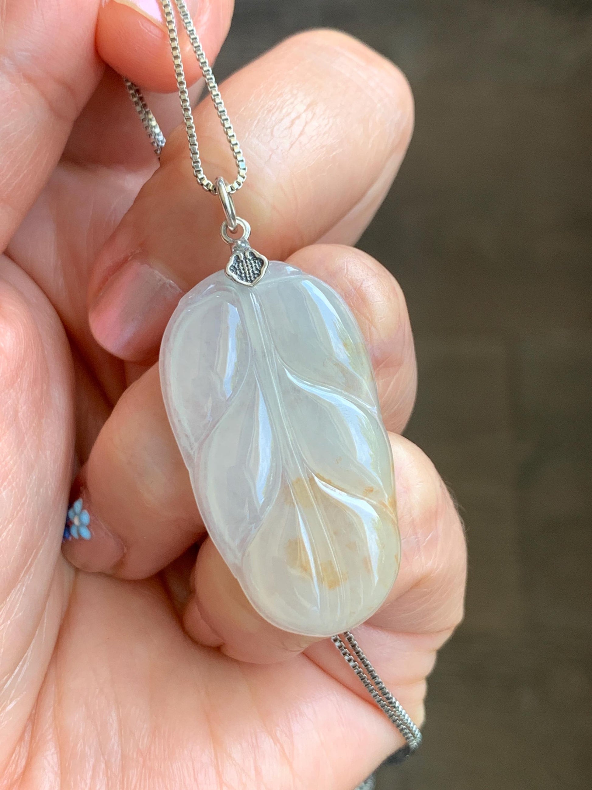 Natural Grade A Icy Highly Translucent Light Beige Golden Marbled Jade Jadeite Leaf Pendant Sterling Silver 6g 天然冰糖撒金翡翠大叶有成吊坠 MBT-Y