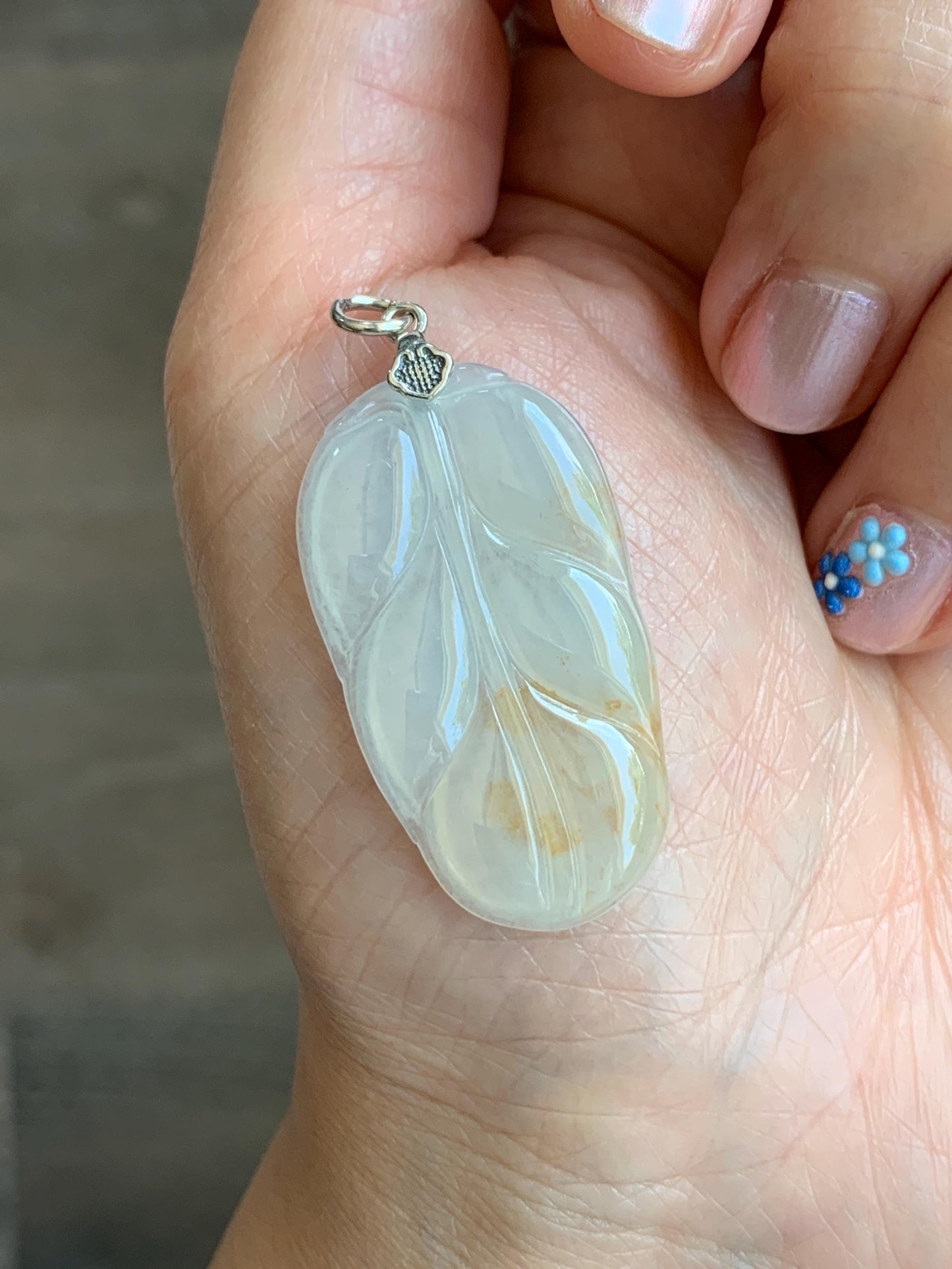 Natural Grade A Icy Highly Translucent Light Beige Golden Marbled Jade Jadeite Leaf Pendant Sterling Silver 6g 天然冰糖撒金翡翠大叶有成吊坠 MBT-Y