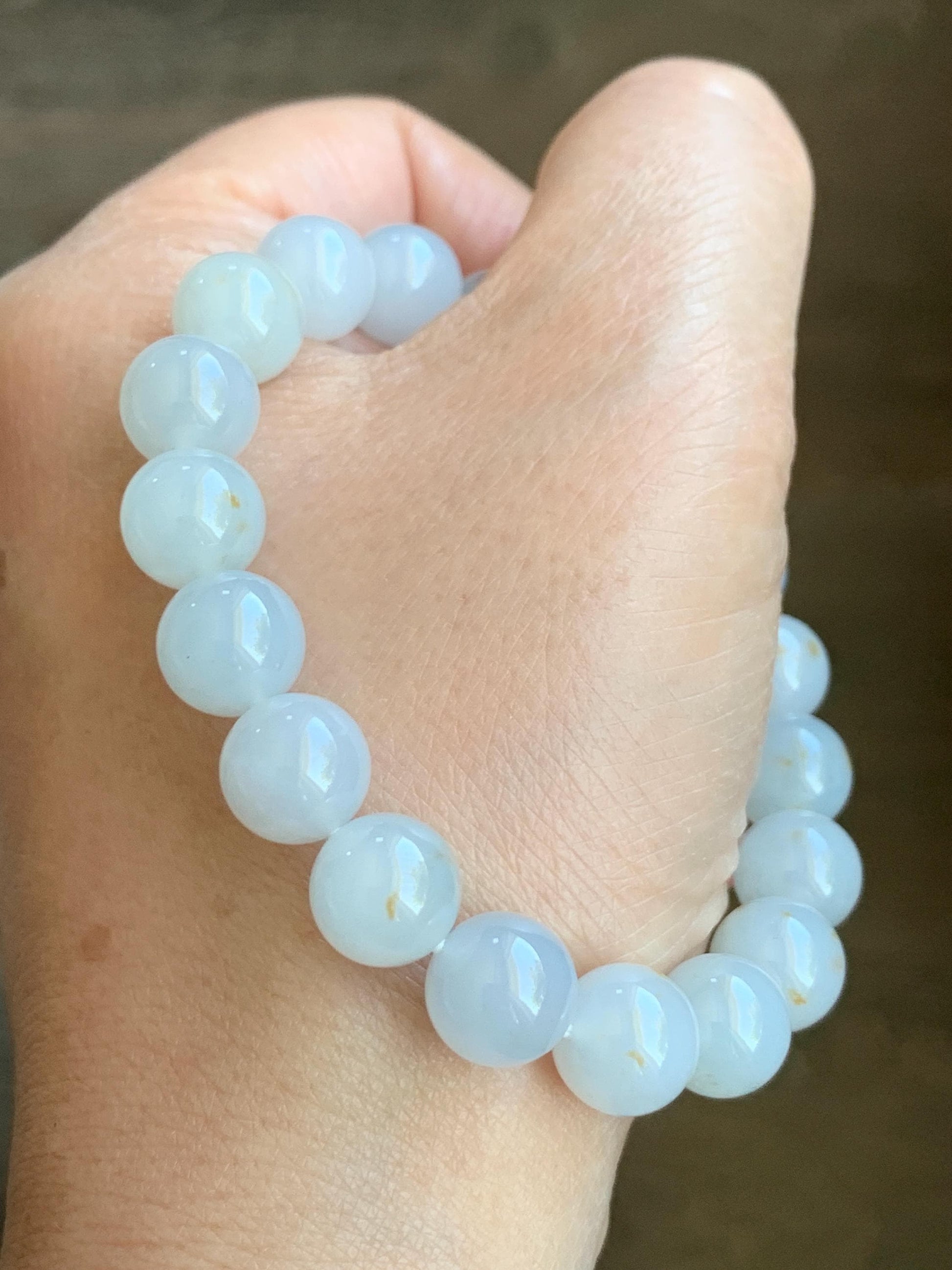 Certified Natural Grade A Icy Translucent Gelatinous Pastel Blue Golden Marbled Jadeite Beaded Bracelet 10mm 7” 天然老种冰胶淡蓝底撒金翡翠大卡圆珠手串 1124