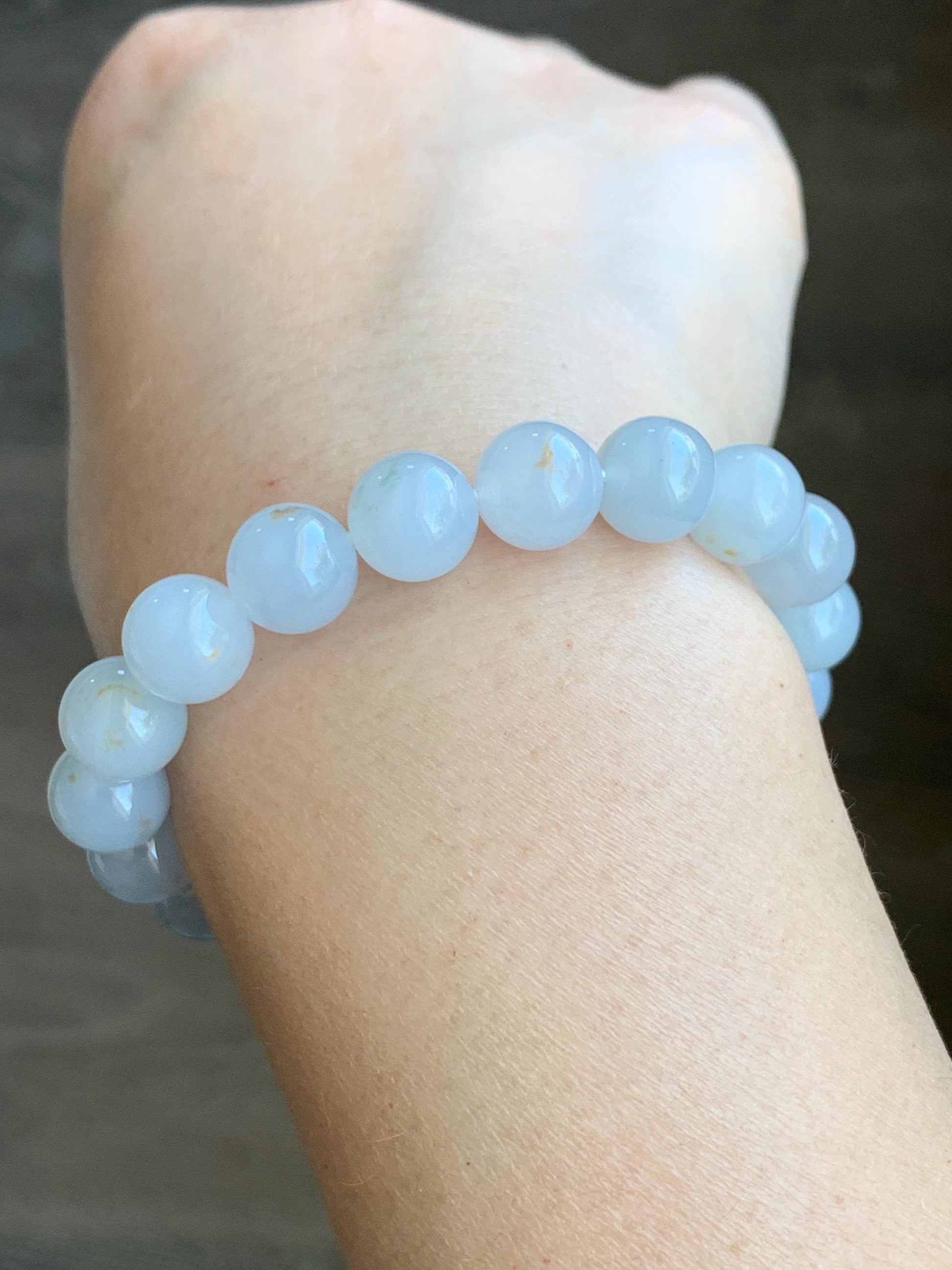 Certified Natural Grade A Icy Translucent Gelatinous Pastel Blue Golden Marbled Jadeite Beaded Bracelet 10mm 7” 天然老种冰胶淡蓝底撒金翡翠大卡圆珠手串 1124