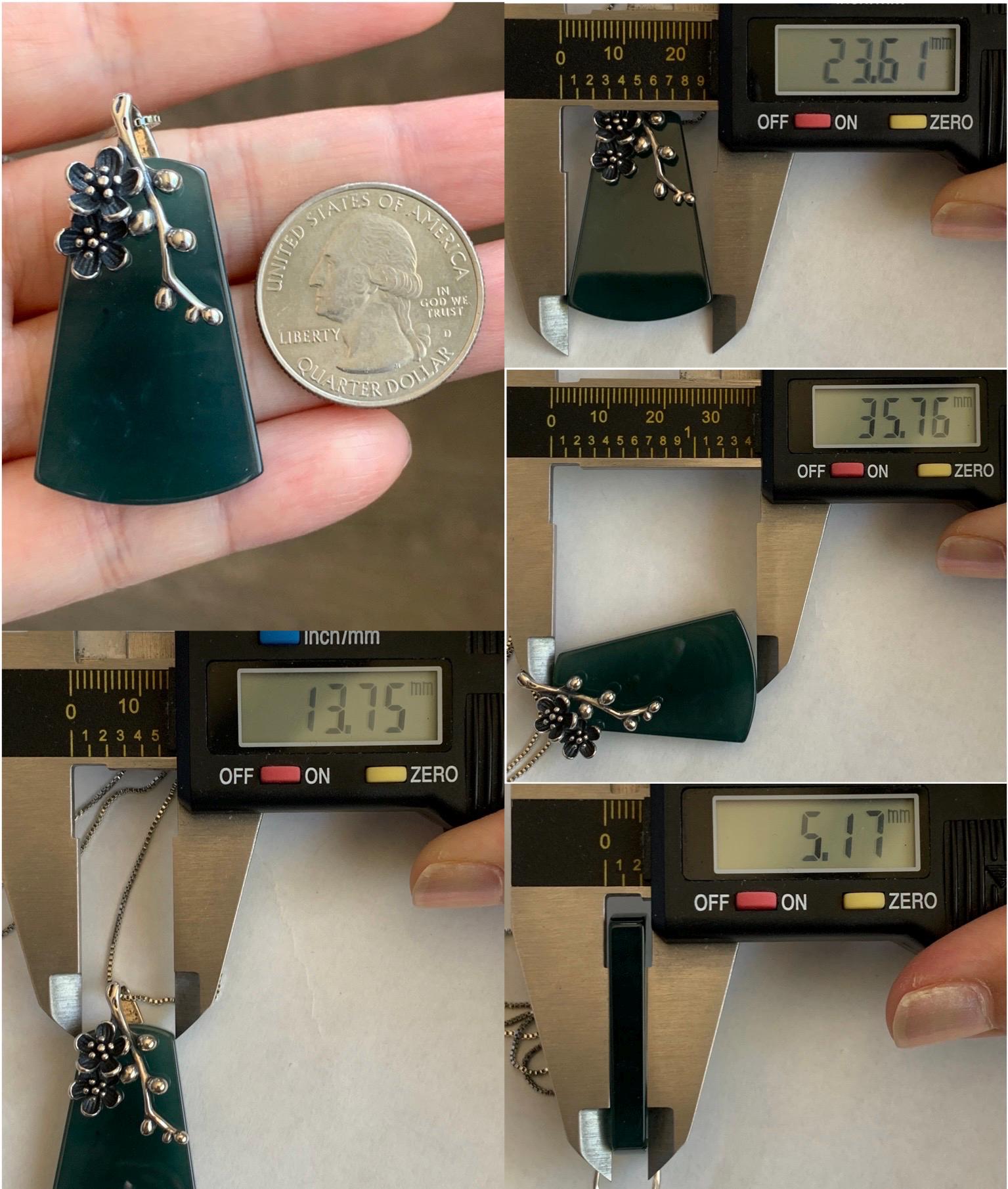 Natural Grade A Guatemalan Icy Translucent Dark Teal Blue Jade Jadeite Wu Shi Pai Pendant Sterling Silver 13g 天然冰危深湖水蓝翡翠梯形无事牌梅花枝吊坠 MHW100