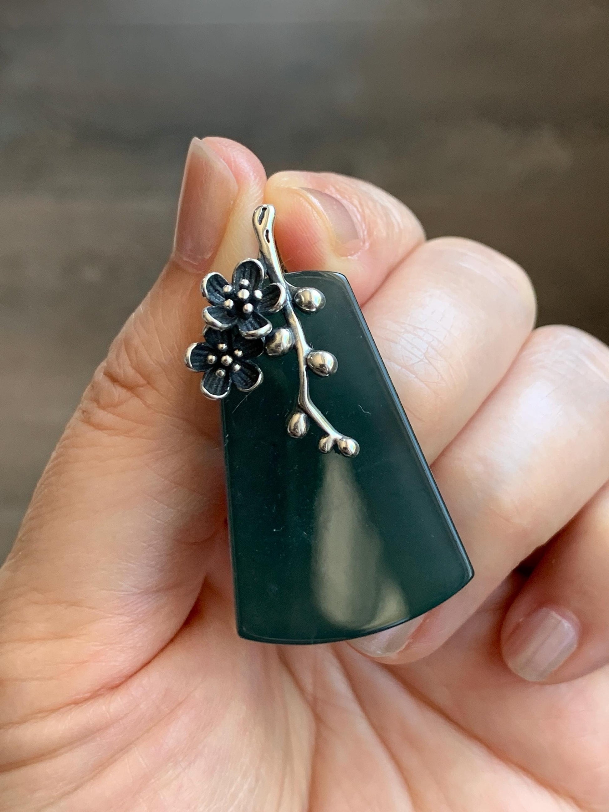 Natural Grade A Guatemalan Icy Translucent Dark Teal Blue Jade Jadeite Wu Shi Pai Pendant Sterling Silver 13g 天然冰危深湖水蓝翡翠梯形无事牌梅花枝吊坠 MHW100