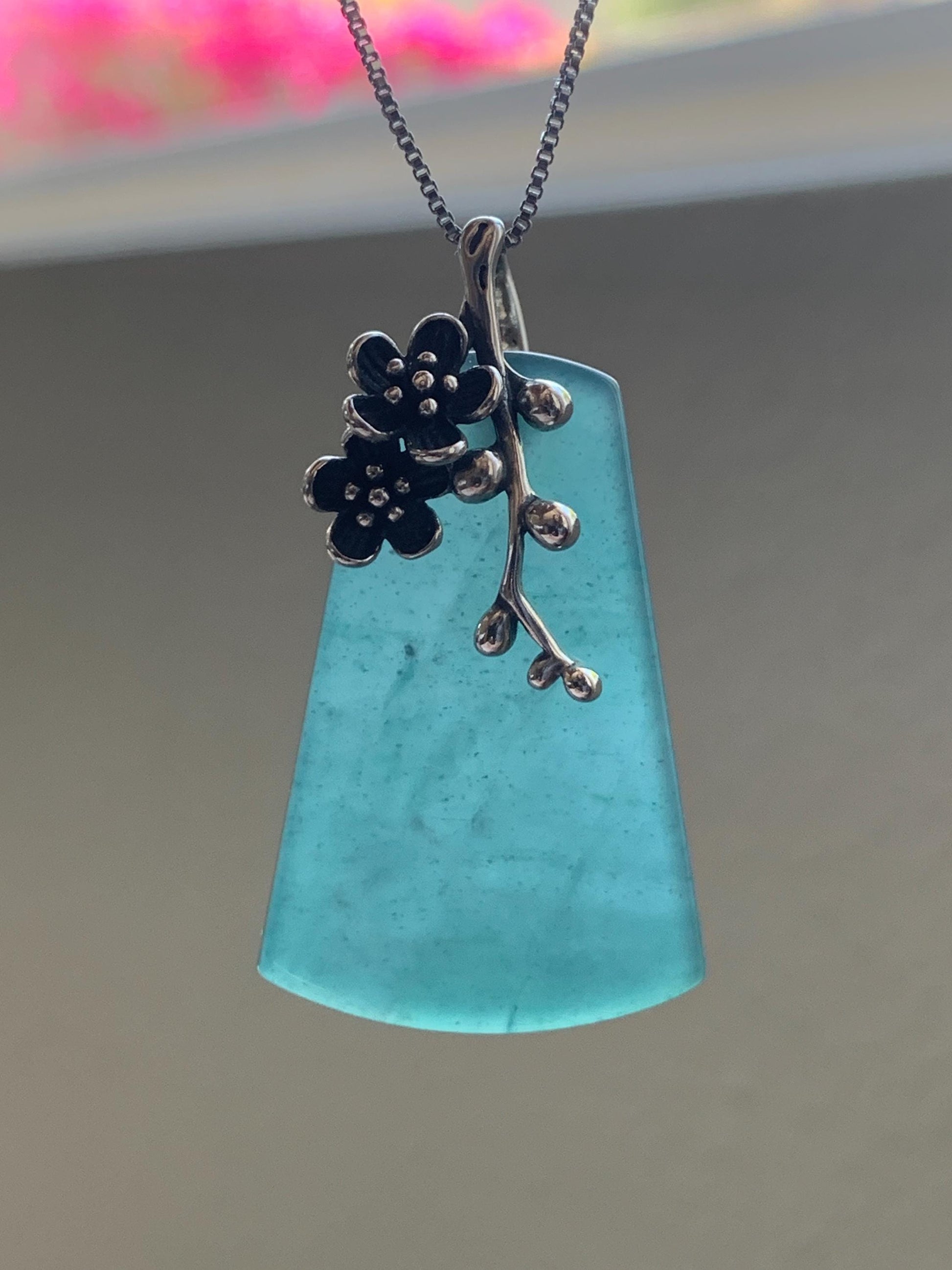 Natural Grade A Guatemalan Icy Translucent Dark Teal Blue Jade Jadeite Wu Shi Pai Pendant Sterling Silver 13g 天然冰危深湖水蓝翡翠梯形无事牌梅花枝吊坠 MHW100