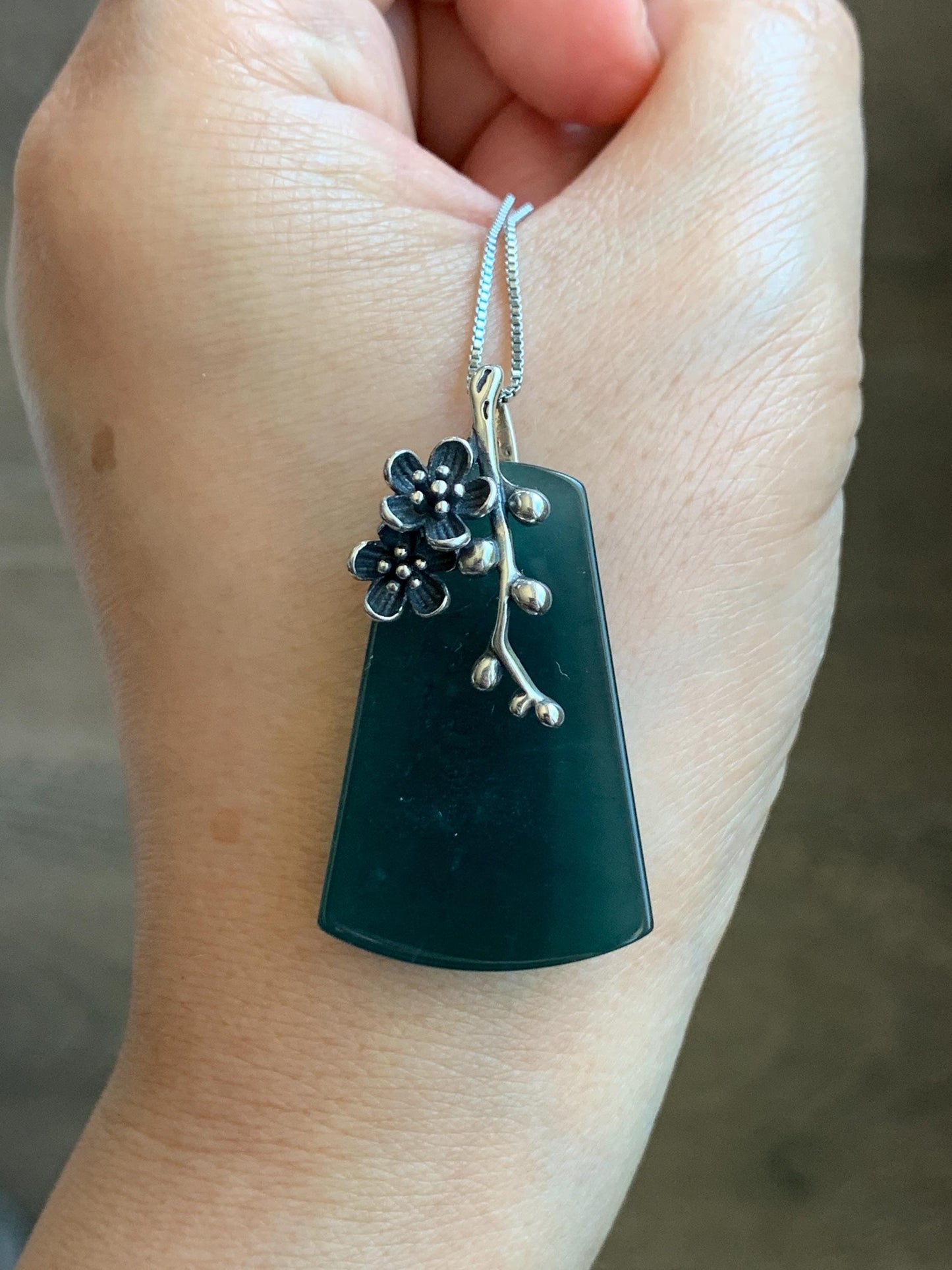 Natural Grade A Guatemalan Icy Translucent Dark Teal Blue Jade Jadeite Wu Shi Pai Pendant Sterling Silver 13g 天然冰危深湖水蓝翡翠梯形无事牌梅花枝吊坠 MHW100
