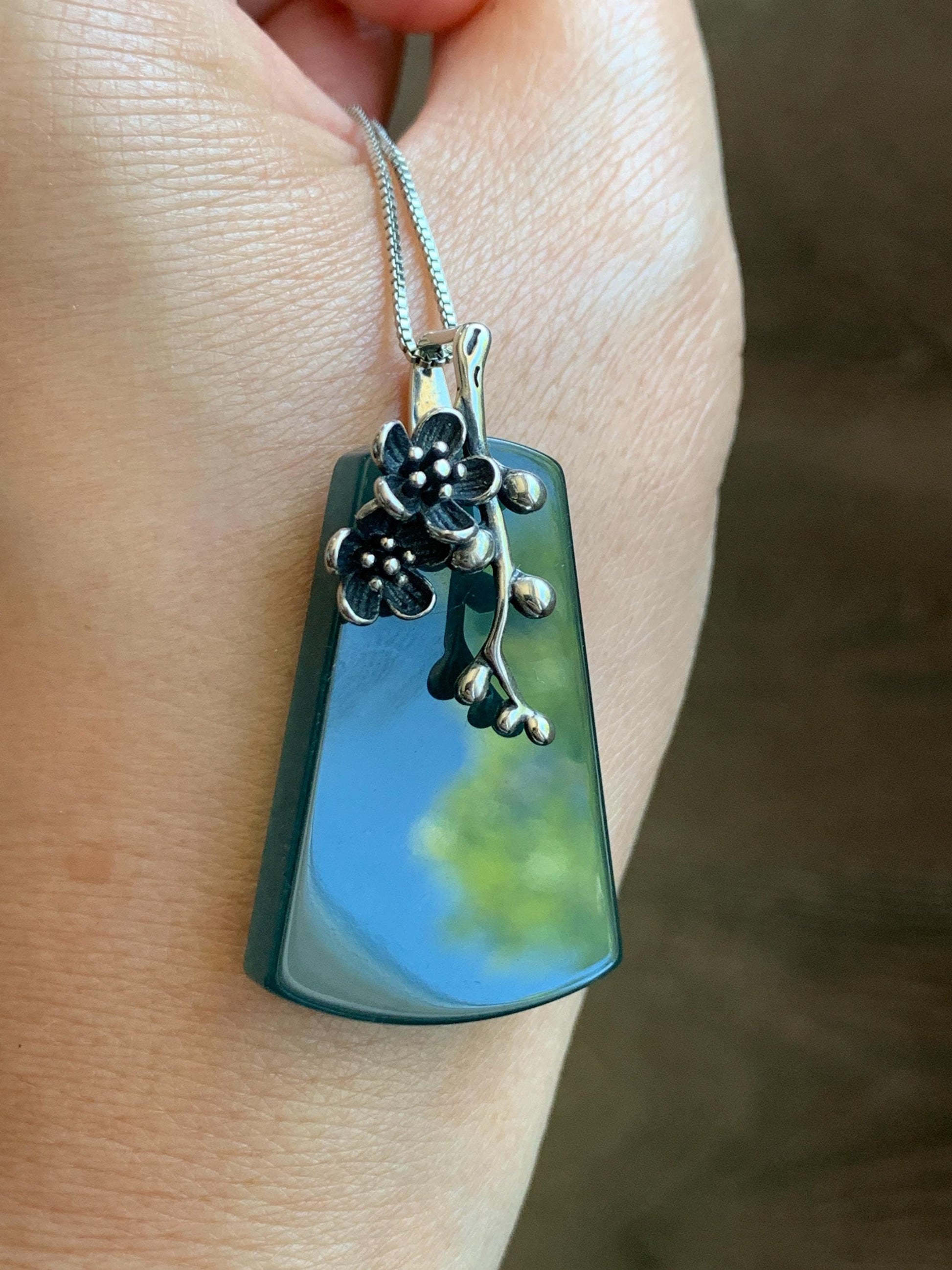 Natural Grade A Guatemalan Icy Translucent Dark Teal Blue Jade Jadeite Wu Shi Pai Pendant Sterling Silver 13g 天然冰危深湖水蓝翡翠梯形无事牌梅花枝吊坠 MHW100