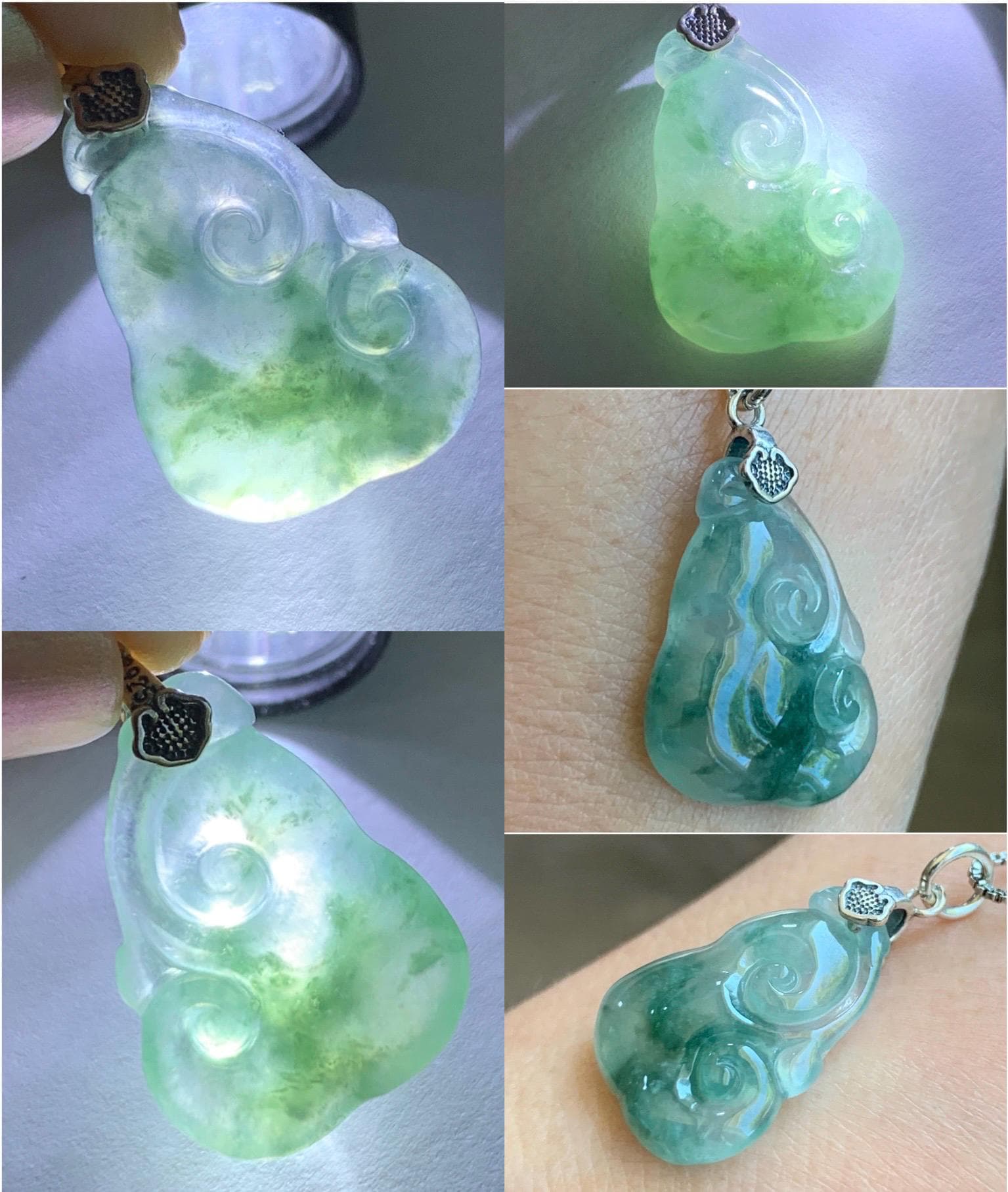 Natural Grade A Icy Highly Translucent Gelatinous Green Marbled Jadeite Pudgy Ruyi Petite Pendant Sterling Silver 3g 天然冰胶老种飘绿花翡翠如意吊坠 MPR190