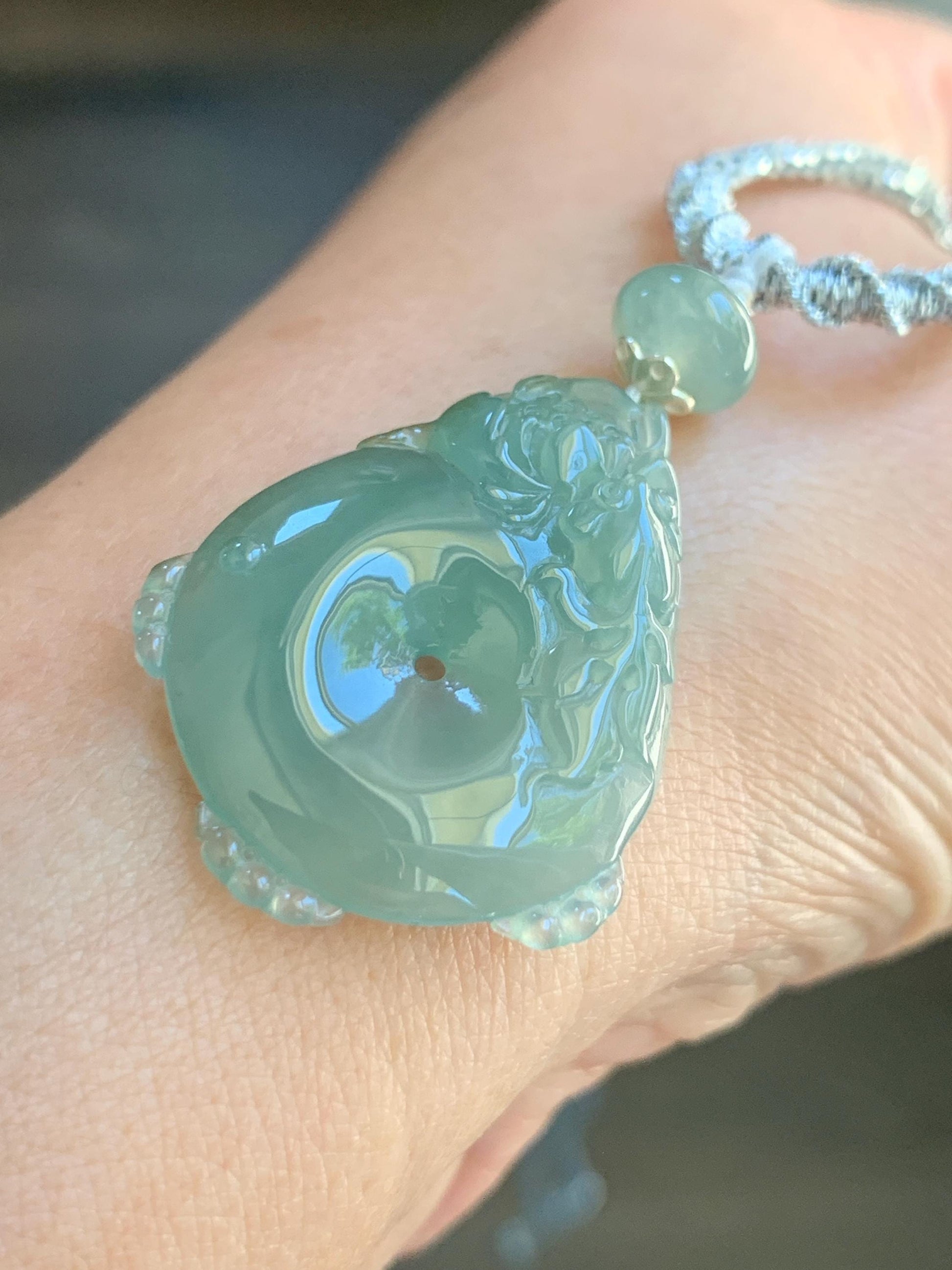 Certified Natural Grade A Icy Translucent Jadeite Lotus Flower Goldfish Ping An Kou Donut Pendant Rope Necklace 6g 天然老种冰胶晴色翡翠莲花鱼平安扣吊坠项链 1693