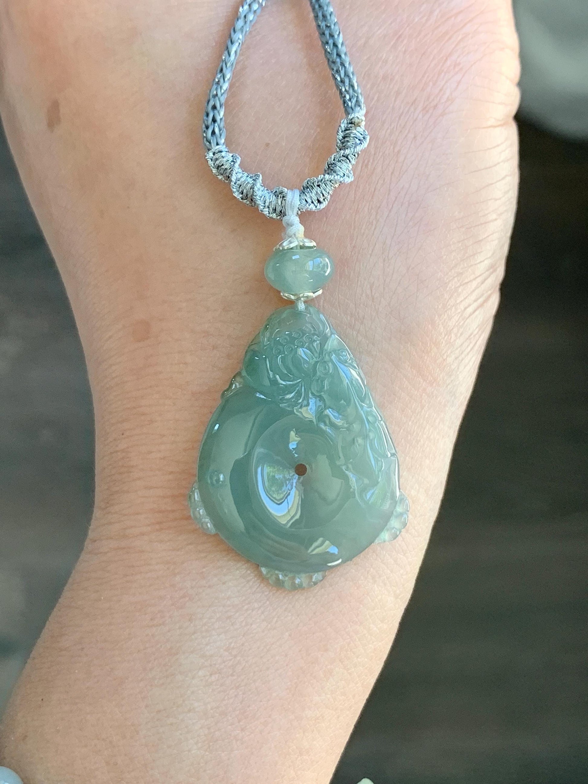 Certified Natural Grade A Icy Translucent Jadeite Lotus Flower Goldfish Ping An Kou Donut Pendant Rope Necklace 6g 天然老种冰胶晴色翡翠莲花鱼平安扣吊坠项链 1693