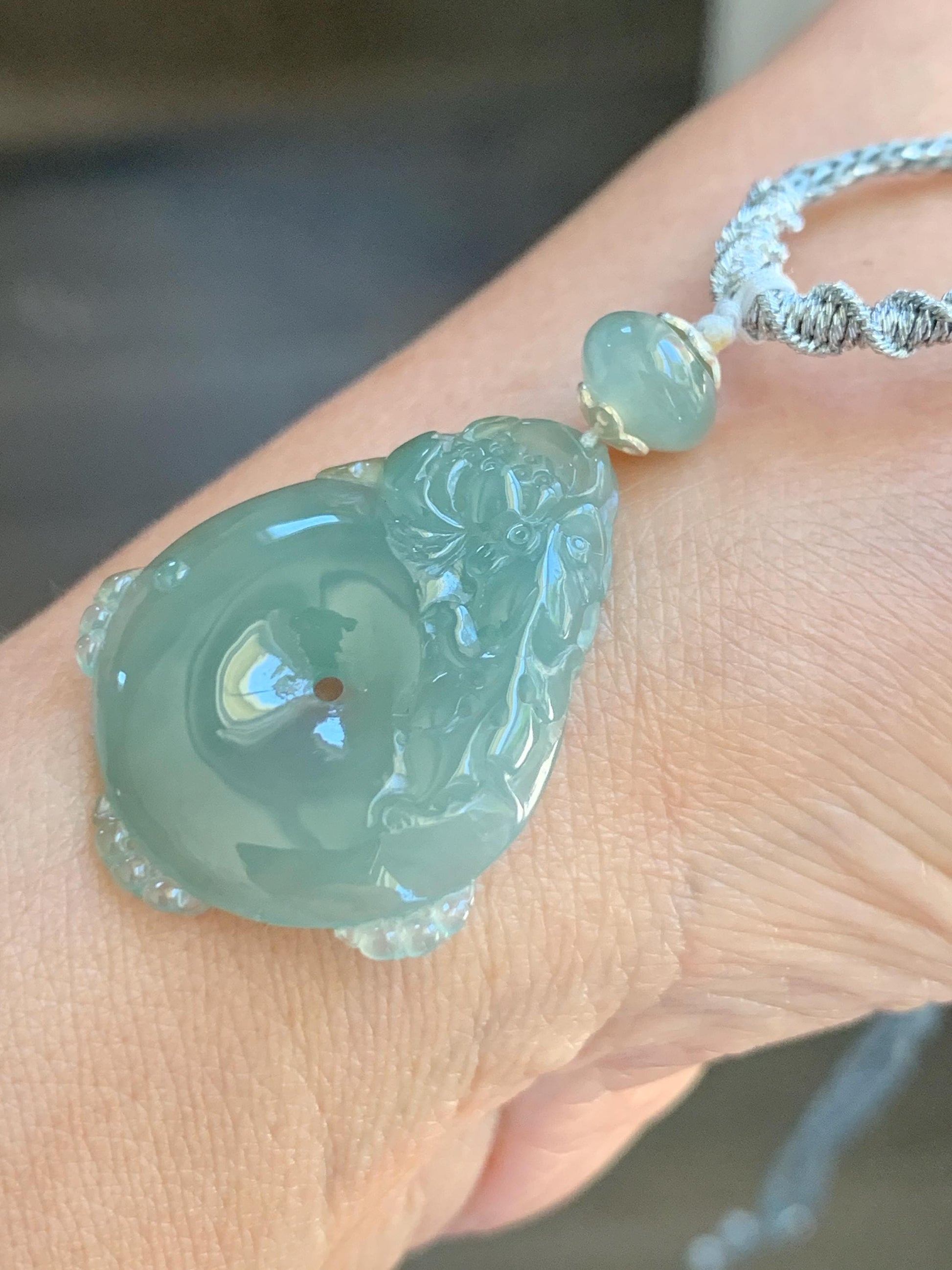 Certified Natural Grade A Icy Translucent Jadeite Lotus Flower Goldfish Ping An Kou Donut Pendant Rope Necklace 6g 天然老种冰胶晴色翡翠莲花鱼平安扣吊坠项链 1693