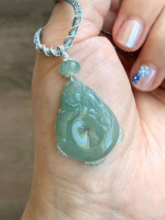 Certified Natural Grade A Icy Translucent Jadeite Lotus Flower Goldfish Ping An Kou Donut Pendant Rope Necklace 6g 天然老种冰胶晴色翡翠莲花鱼平安扣吊坠项链 1693