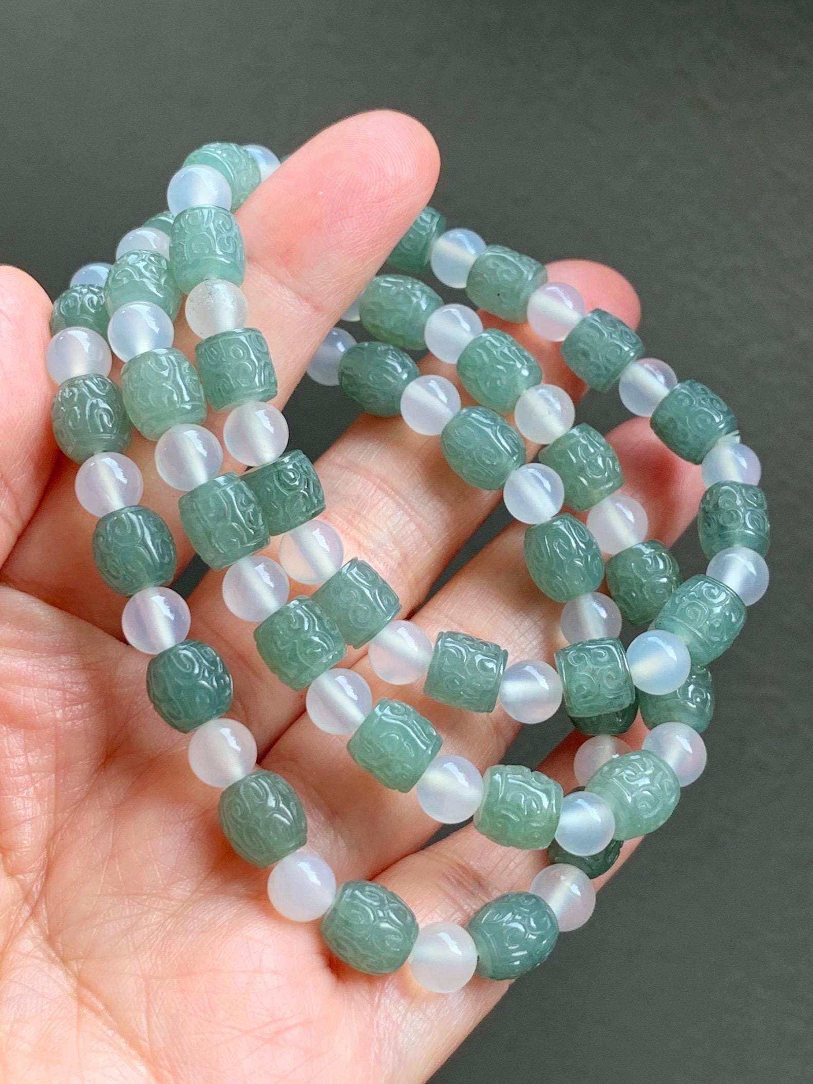 Natural Grade A Icy Translucent Gelatinous Dusty Green Jadeite Engraved Barrel Beads Agates Beaded Bracelet 7" or 7.5” 天然冰胶淡绿翡翠仿古桶珠手串 FGZ368
