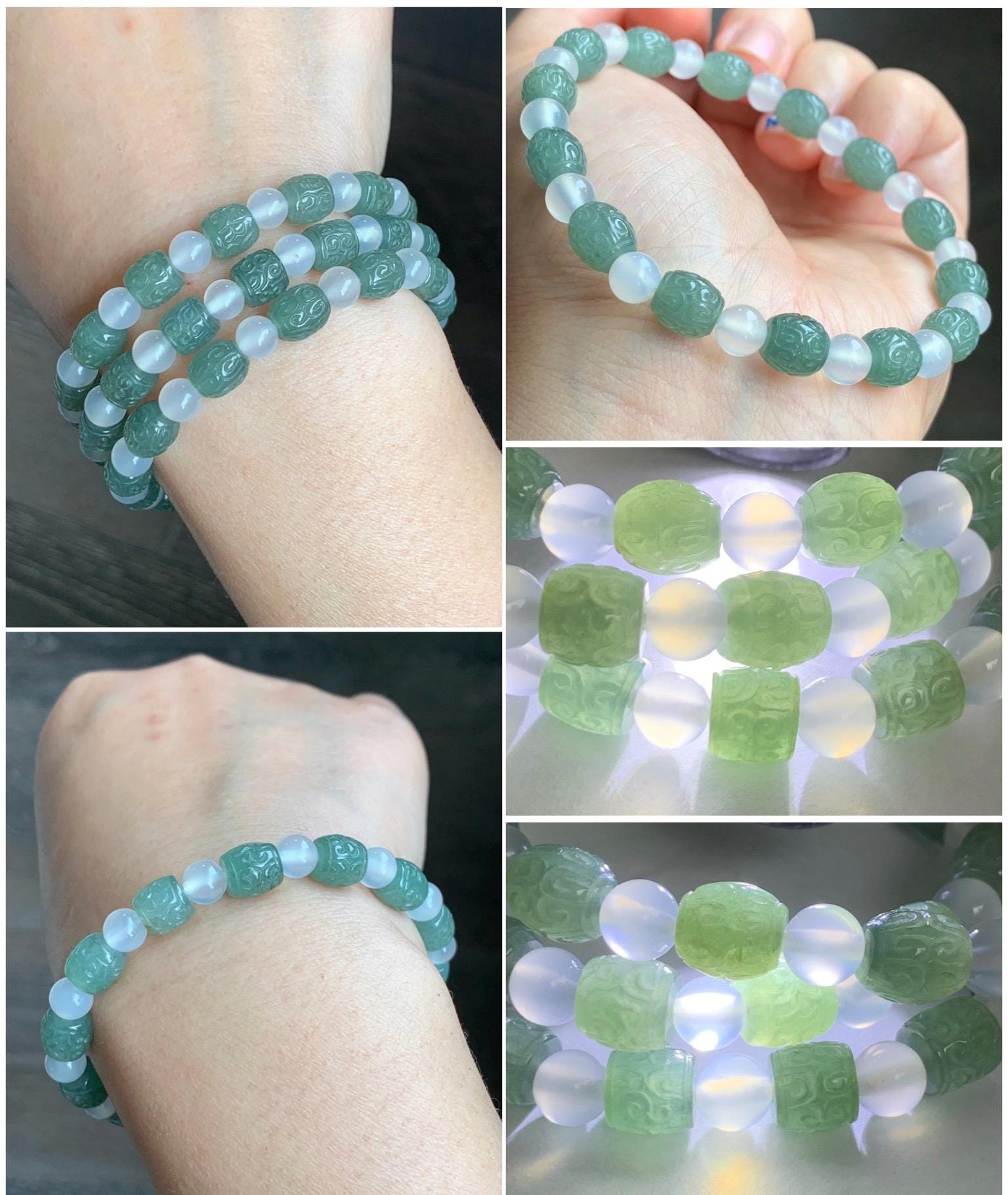 Natural Grade A Icy Translucent Gelatinous Dusty Green Jadeite Engraved Barrel Beads Agates Beaded Bracelet 7" or 7.5” 天然冰胶淡绿翡翠仿古桶珠手串 FGZ368