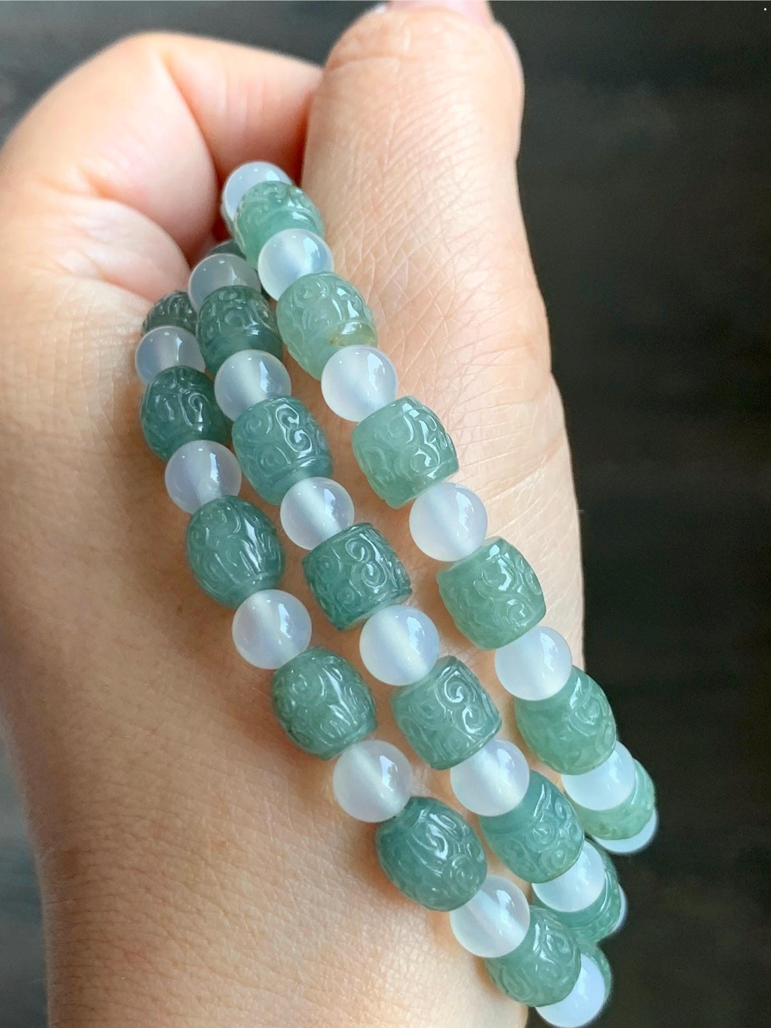 Natural Grade A Icy Translucent Gelatinous Dusty Green Jadeite Engraved Barrel Beads Agates Beaded Bracelet 7" or 7.5” 天然冰胶淡绿翡翠仿古桶珠手串 FGZ368