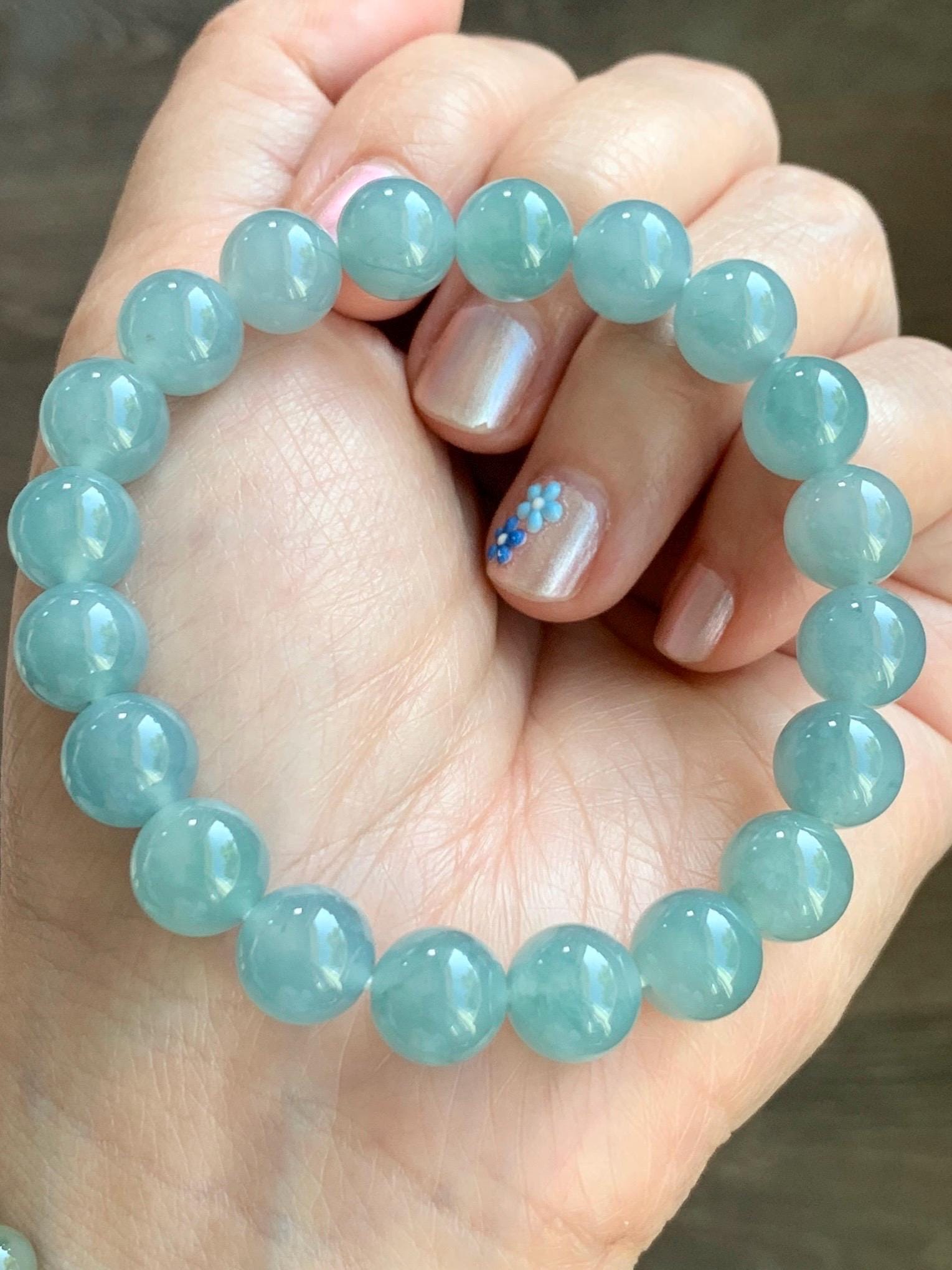 Natural Grade A Guatemalan Icy Highly Translucent Gelatinous Light Teal Blue Jadeite Beaded Bracelet 7.25” 9.7mm 30g 天然冰胶危浅蓝翡翠圆珠手串 WTL308