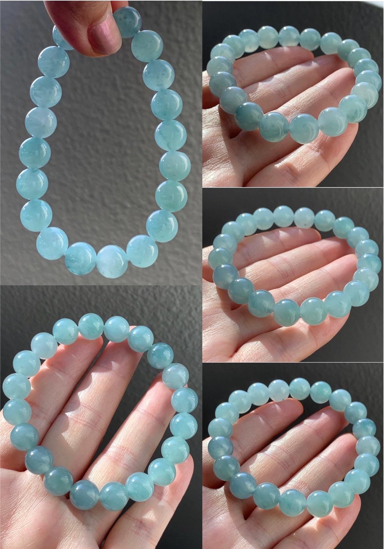 Natural Grade A Guatemalan Icy Highly Translucent Gelatinous Light Teal Blue Jadeite Beaded Bracelet 7.25” 9.7mm 30g 天然冰胶危浅蓝翡翠圆珠手串 WTL308