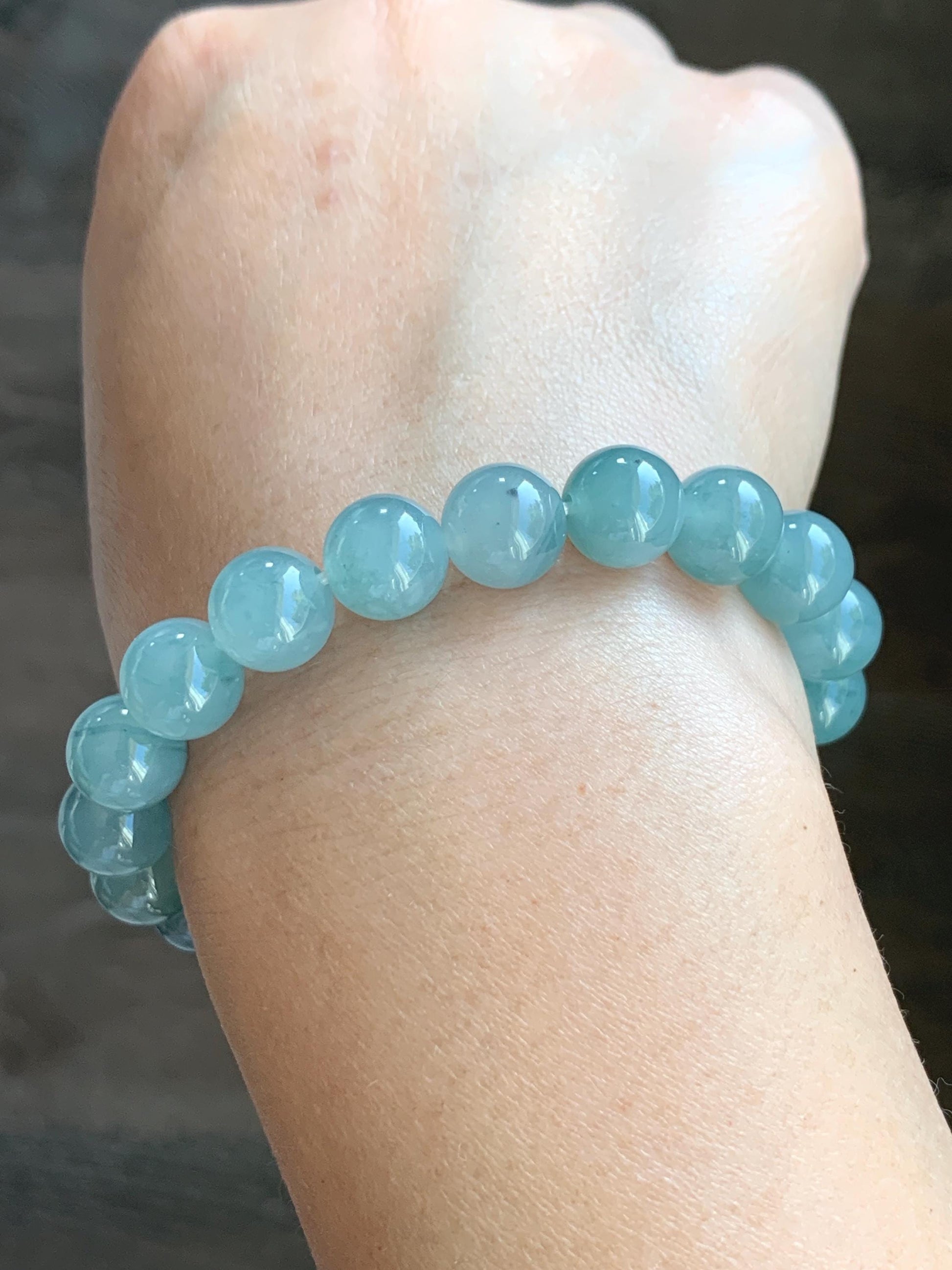 Natural Grade A Guatemalan Icy Highly Translucent Gelatinous Light Teal Blue Jadeite Beaded Bracelet 7.25” 9.7mm 30g 天然冰胶危浅蓝翡翠圆珠手串 WTL308