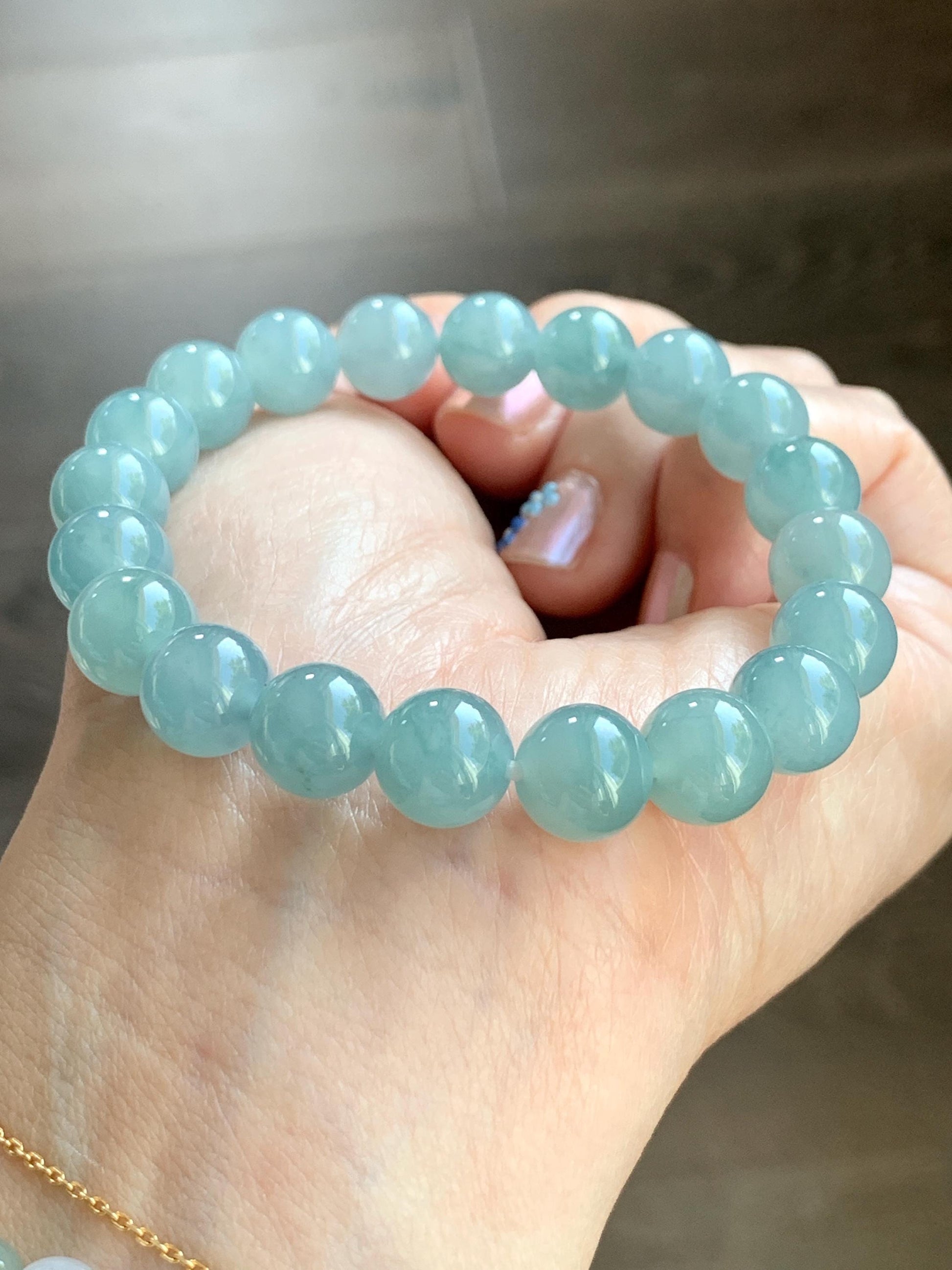 Natural Grade A Guatemalan Icy Highly Translucent Gelatinous Light Teal Blue Jadeite Beaded Bracelet 7.25” 9.7mm 30g 天然冰胶危浅蓝翡翠圆珠手串 WTL308