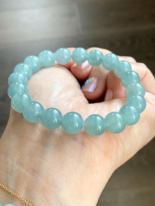 Natural Grade A Guatemalan Icy Highly Translucent Gelatinous Light Teal Blue Jadeite Beaded Bracelet 7.25” 9.7mm 30g 天然冰胶危浅蓝翡翠圆珠手串 WTL308