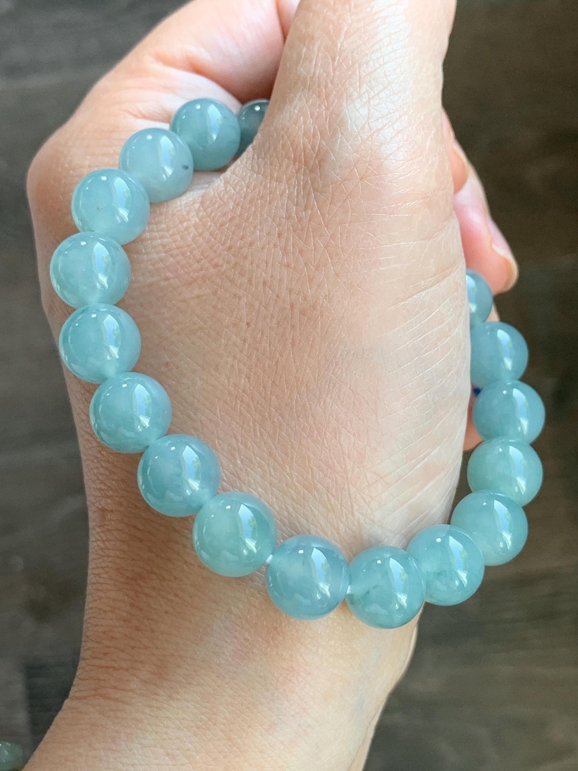 Natural Grade A Guatemalan Icy Highly Translucent Gelatinous Light Teal Blue Jadeite Beaded Bracelet 7.25” 9.7mm 30g 天然冰胶危浅蓝翡翠圆珠手串 WTL308