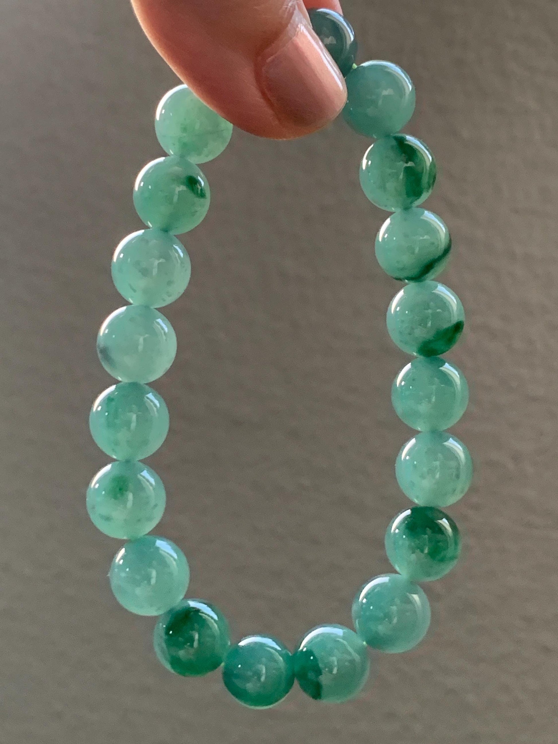 Certified Natural Grade A Guatemalan Icy Translucent Light Green Marbled Jade Jadeite Beaded Bracelet 7.25” 32.5g 天然冰胶危晴飘绿花翡翠圆珠手串 9961