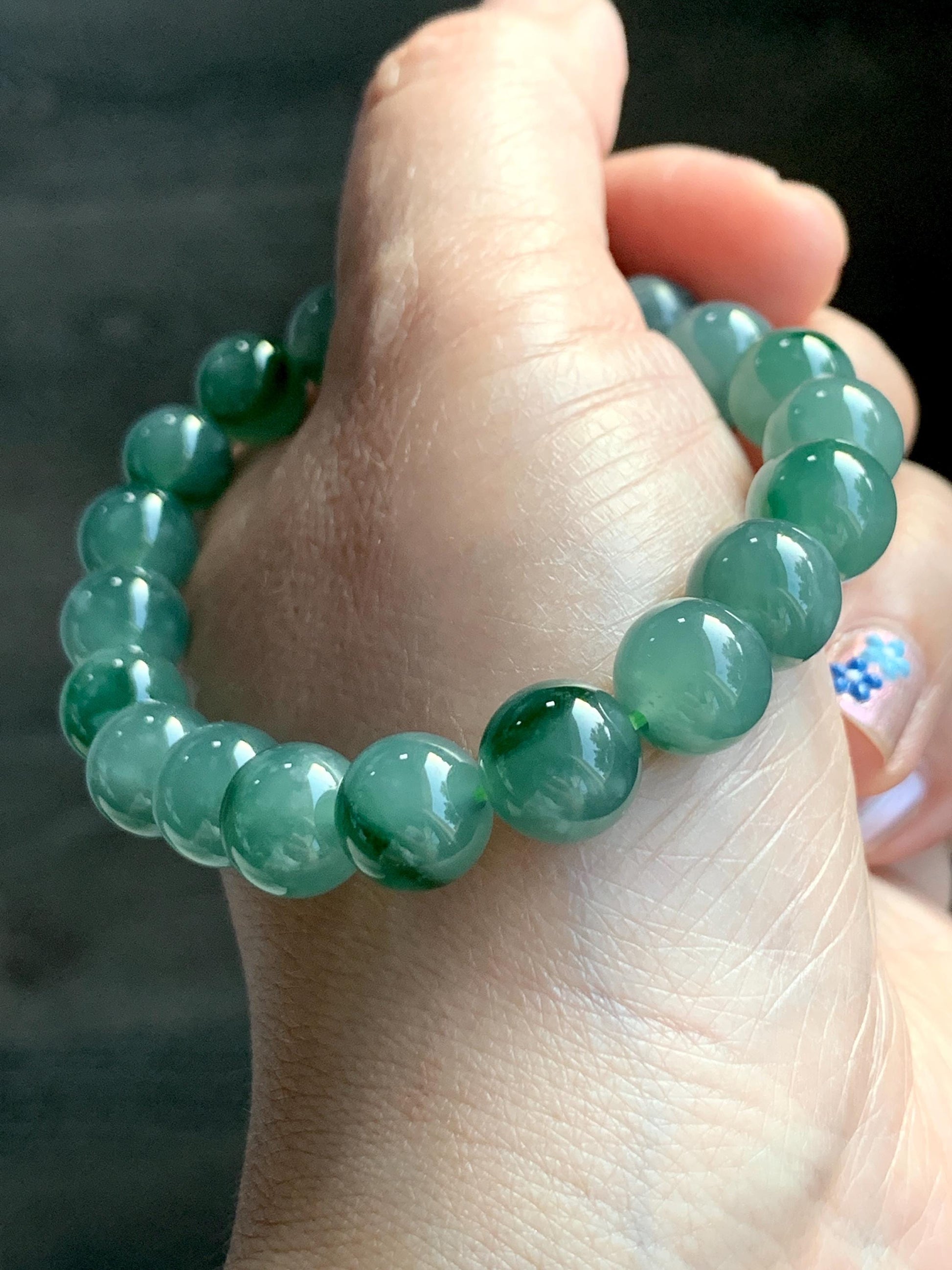Certified Natural Grade A Guatemalan Icy Translucent Light Green Marbled Jade Jadeite Beaded Bracelet 7.25” 32.5g 天然冰胶危晴飘绿花翡翠圆珠手串 9961