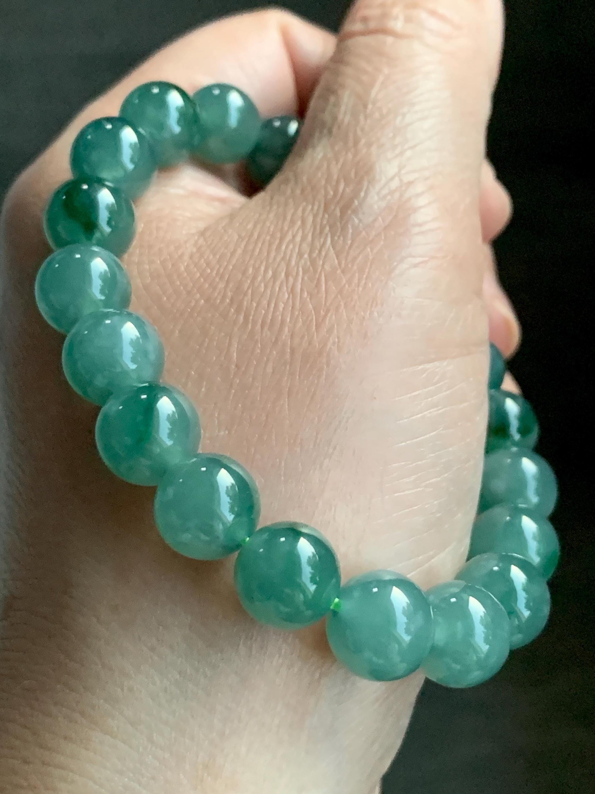 Certified Natural Grade A Guatemalan Icy Translucent Light Green Marbled Jade Jadeite Beaded Bracelet 7.25” 32.5g 天然冰胶危晴飘绿花翡翠圆珠手串 9961
