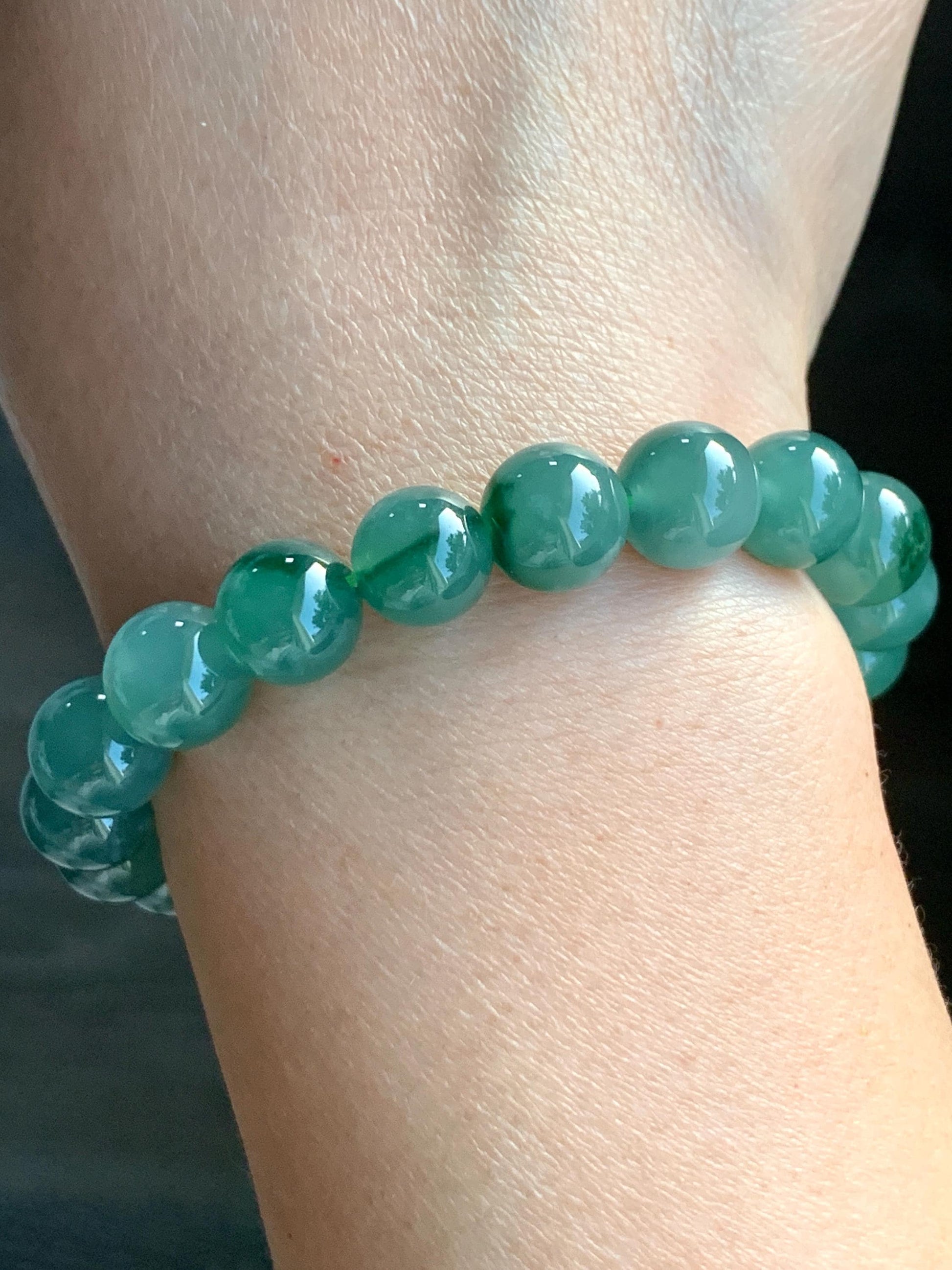 Certified Natural Grade A Guatemalan Icy Translucent Light Green Marbled Jade Jadeite Beaded Bracelet 7.25” 32.5g 天然冰胶危晴飘绿花翡翠圆珠手串 9961