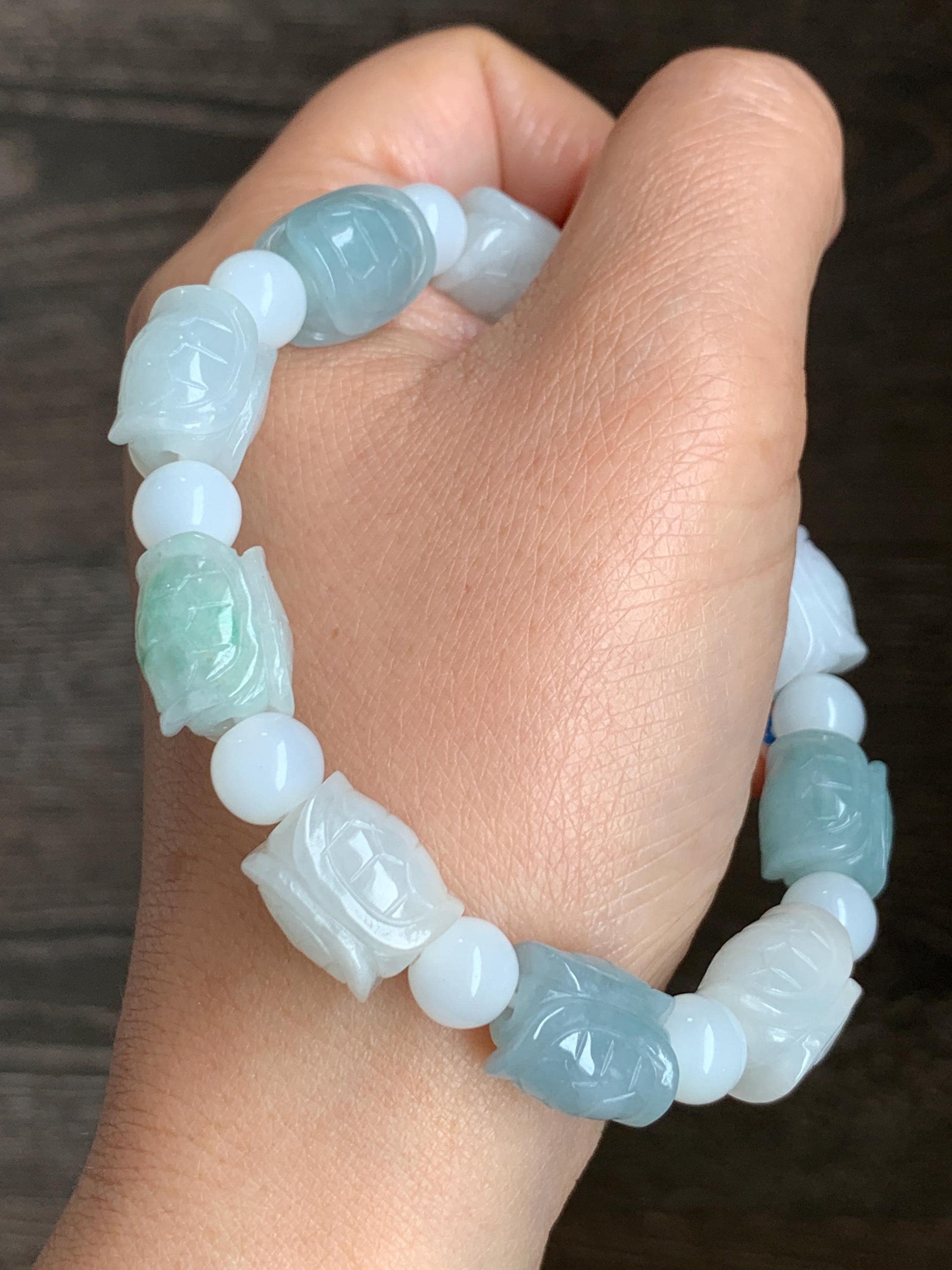 Natural Grade A Icy Translucent Multicolored Jade Jadeite Carved Turtle Shell Charm Beaded Bracelet 8” 46g Stretchy 天然冰多宝色翡翠富甲玛瑙手串 FJD336