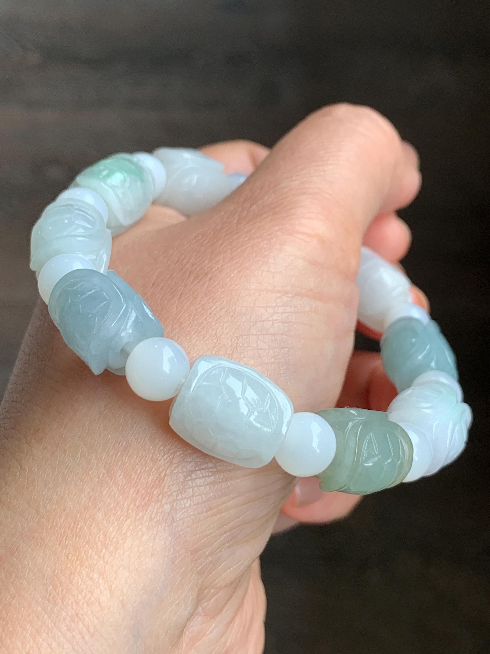 Natural Grade A Icy Translucent Multicolored Jade Jadeite Carved Turtle Shell Charm Beaded Bracelet 8” 46g Stretchy 天然冰多宝色翡翠富甲玛瑙手串 FJD336