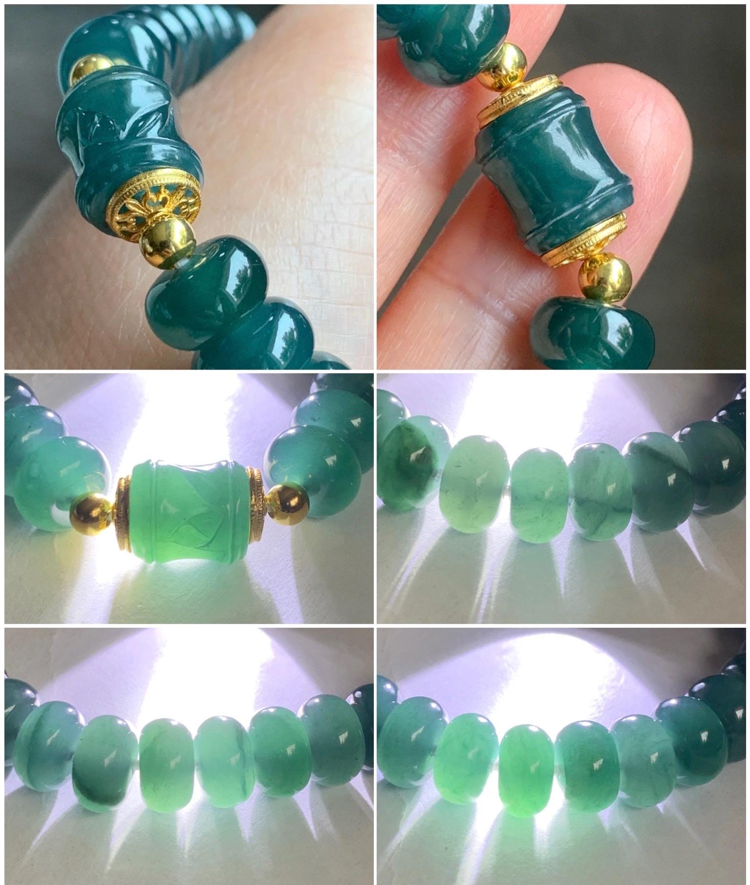 Natural Grade A Guatemalan Icy Translucent Intense Teal Blue Jade Jadeite Drum Beads Bamboo Bead Beaded Bracelet 6.75” 天然冰危深蓝翡翠鼓珠竹节珠手串 ZJ169