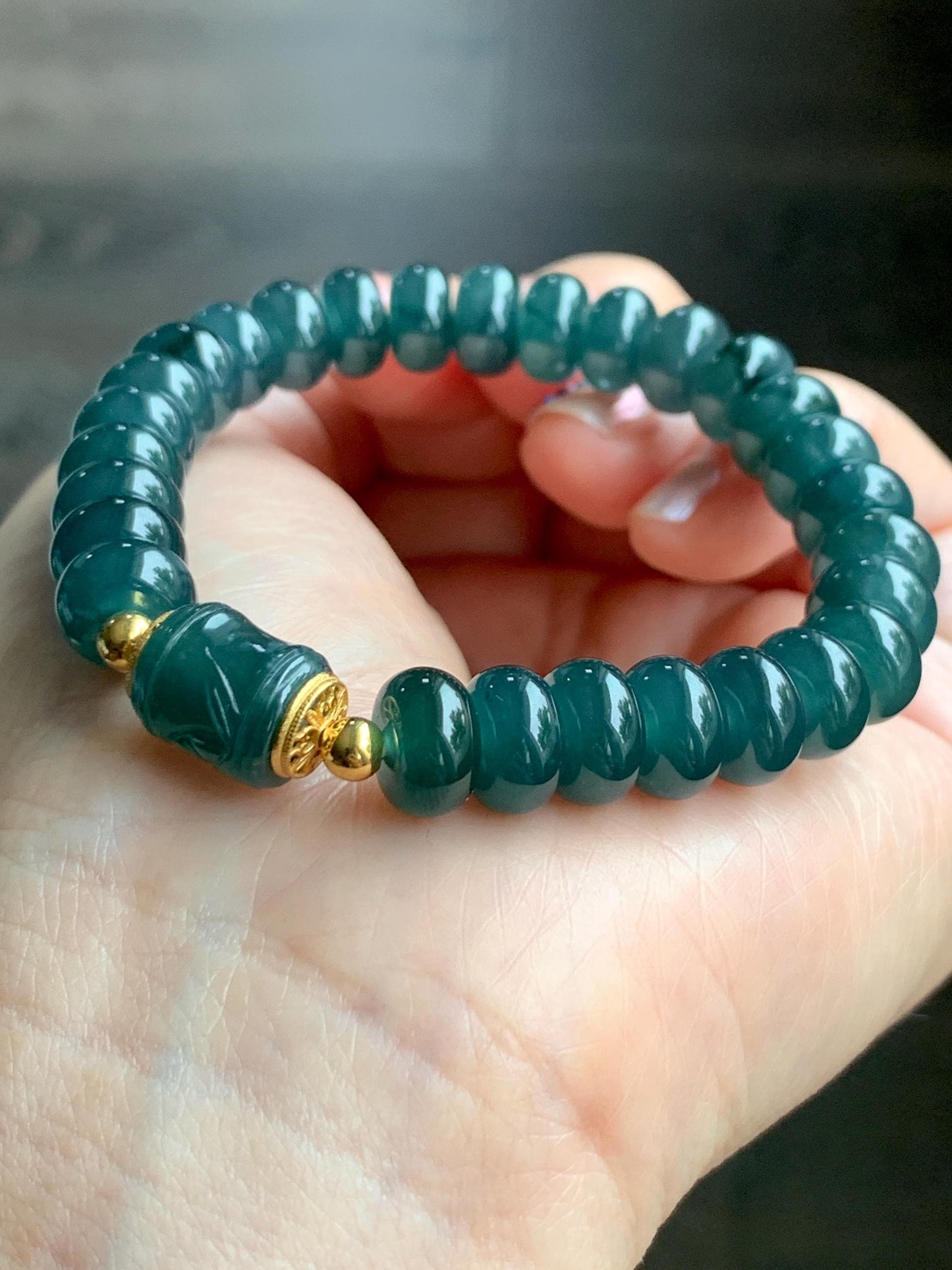 Natural Grade A Guatemalan Icy Translucent Intense Teal Blue Jade Jadeite Drum Beads Bamboo Bead Beaded Bracelet 6.75” 天然冰危深蓝翡翠鼓珠竹节珠手串 ZJ169