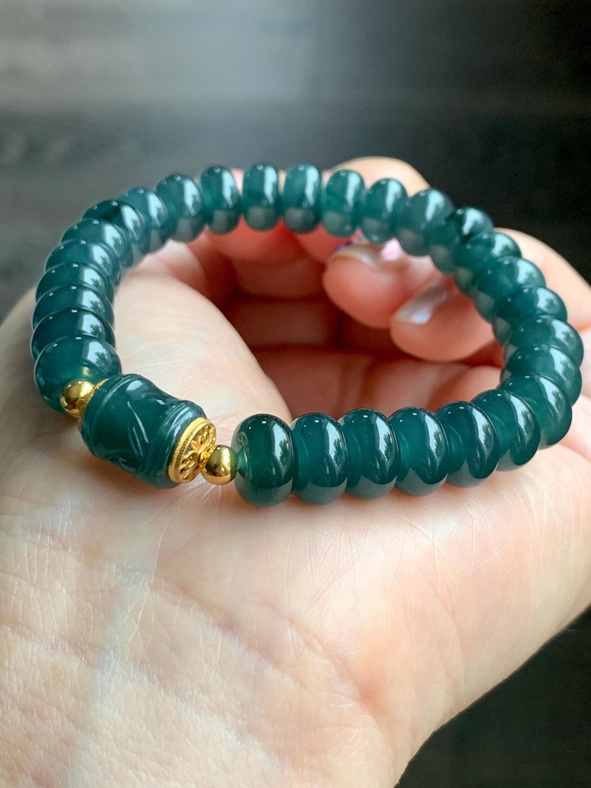 Natural Grade A Guatemalan Icy Translucent Intense Teal Blue Jade Jadeite Drum Beads Bamboo Bead Beaded Bracelet 6.75” 天然冰危深蓝翡翠鼓珠竹节珠手串 ZJ169