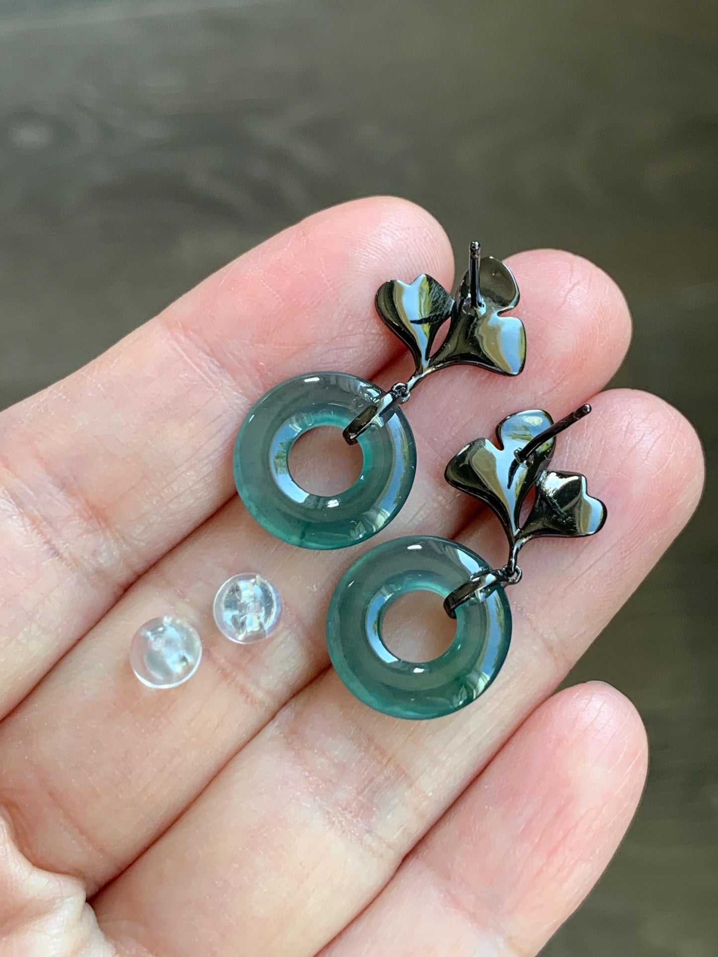 Natural Guatemalan Icy Translucent Teal Green Jadeite Ping An Kou Donut Stud Earrings Sterling Silver Black Rhodium 天然冰危蓝绿翡翠平安扣银杏叶耳钉 PAD-C
